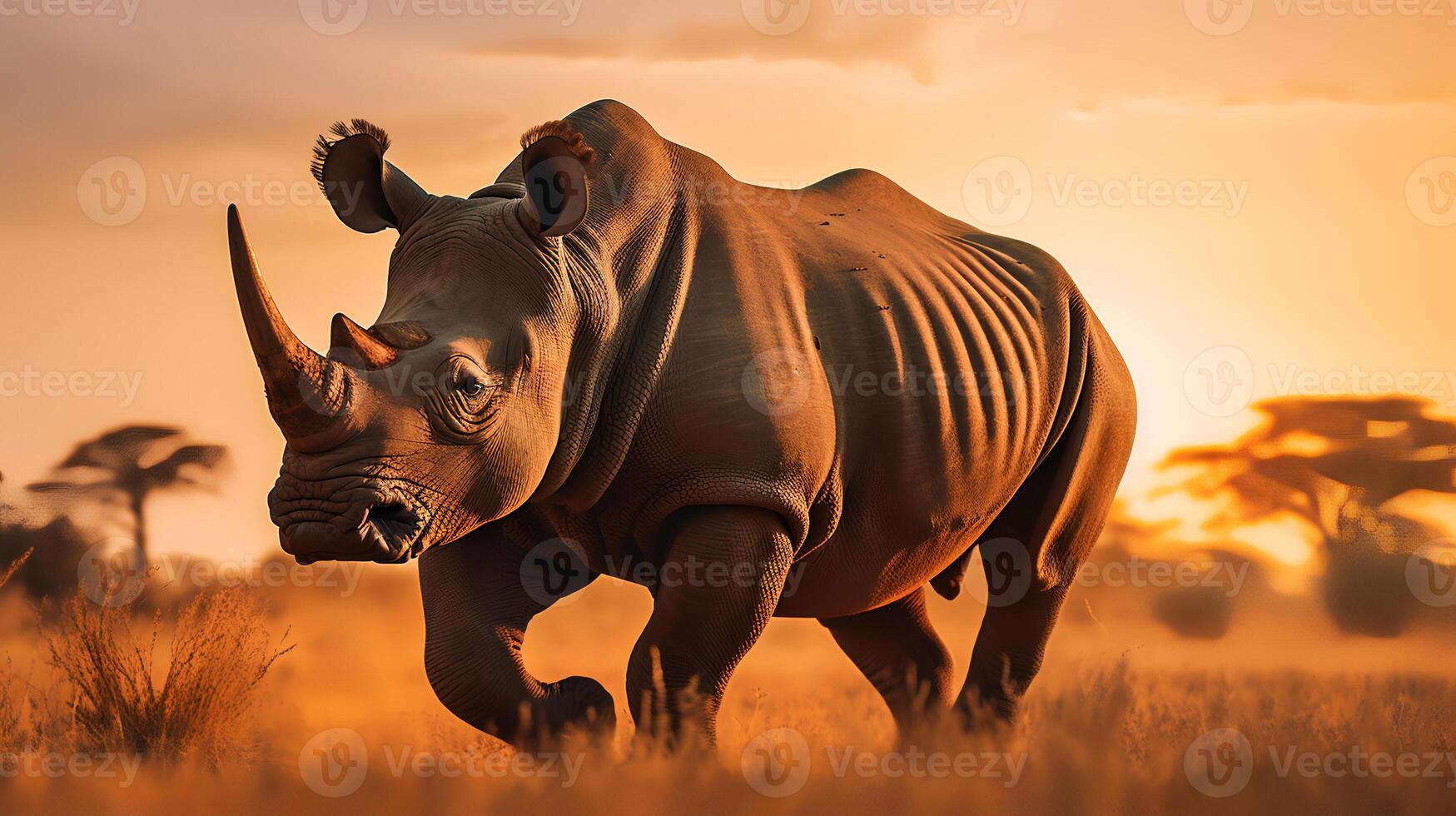 Photo of Rhinoceros on savanna at sunset. Generative AI