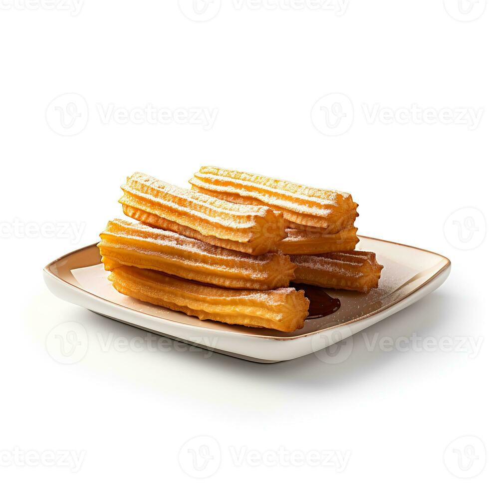 Photo of Churros on plate isolated on white background. Created by Generative AI