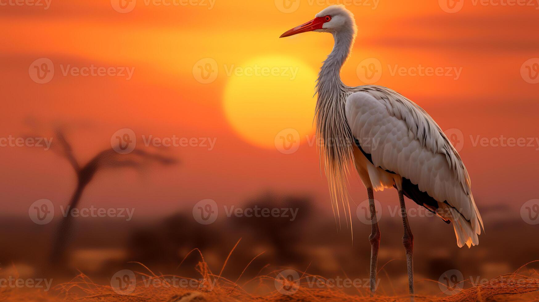 Photo of Secretary Bird on savanna at sunset. Generative AI