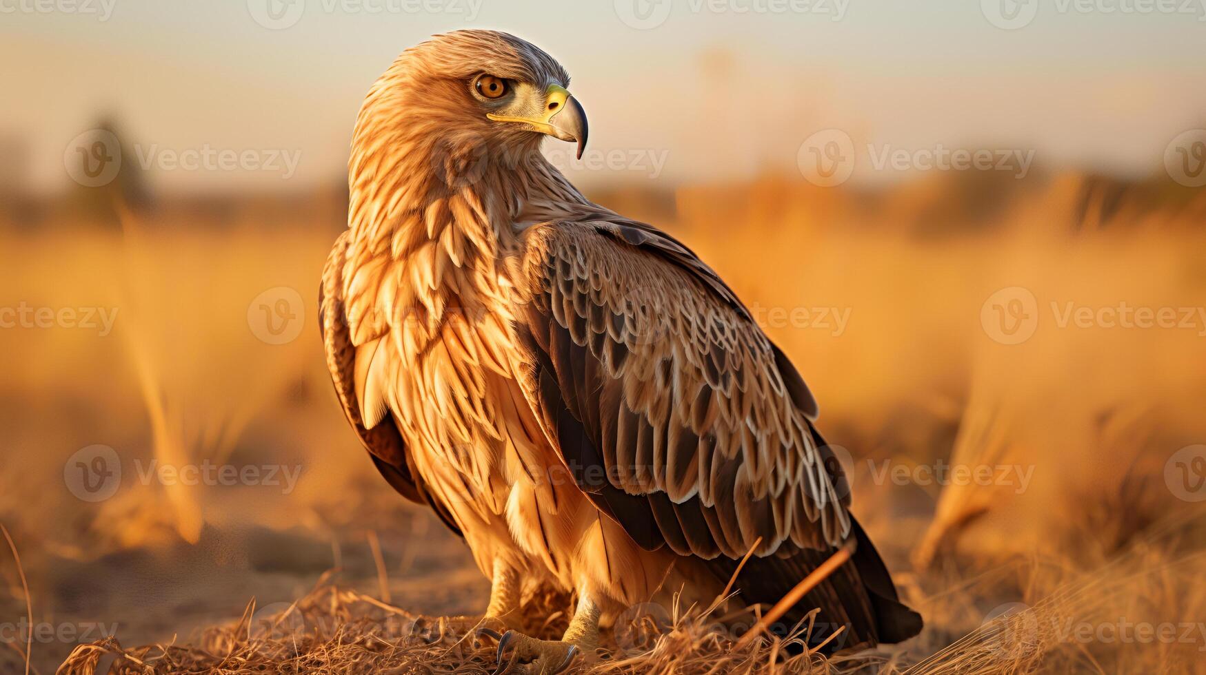 Photo of Tawny Eagle on savanna at sunset. Generative AI