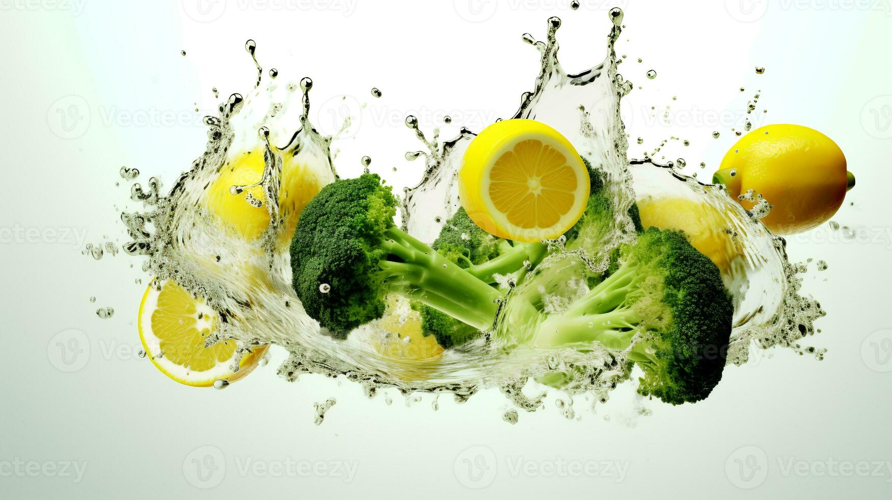 Photo of Broccoli and lemon with water splashes isolated on white background