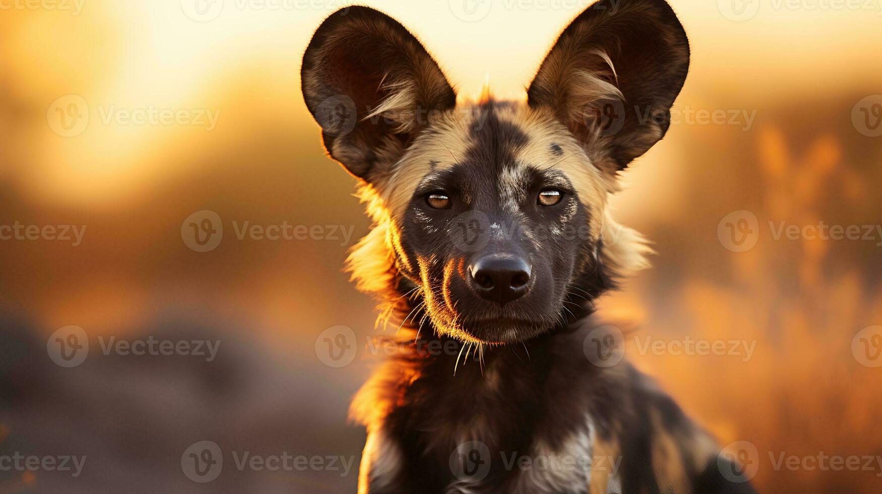 Photo of African Wild Dog on savanna at sunset. Generative AI