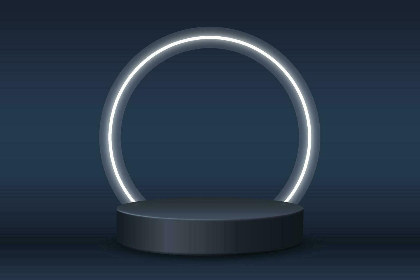 Dark blue podium with a white neon round arch on a Dark blue background. show cosmetic products, stage pedestal or platform, 3d vector. 16.9 aspect ratio vector