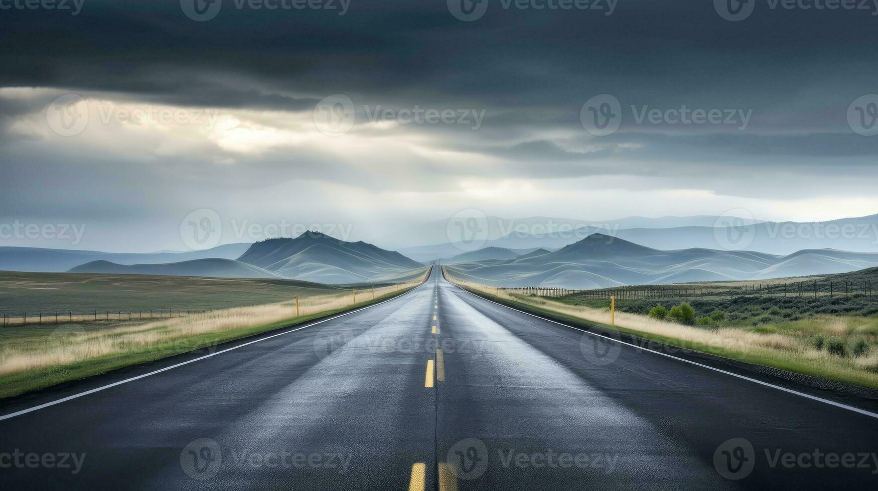 Illustration image of landscape with country road, empty asphalt road on blue cloudy sky background. Multicolor vibrant outdoors horizontal image, Generative AI illustration photo