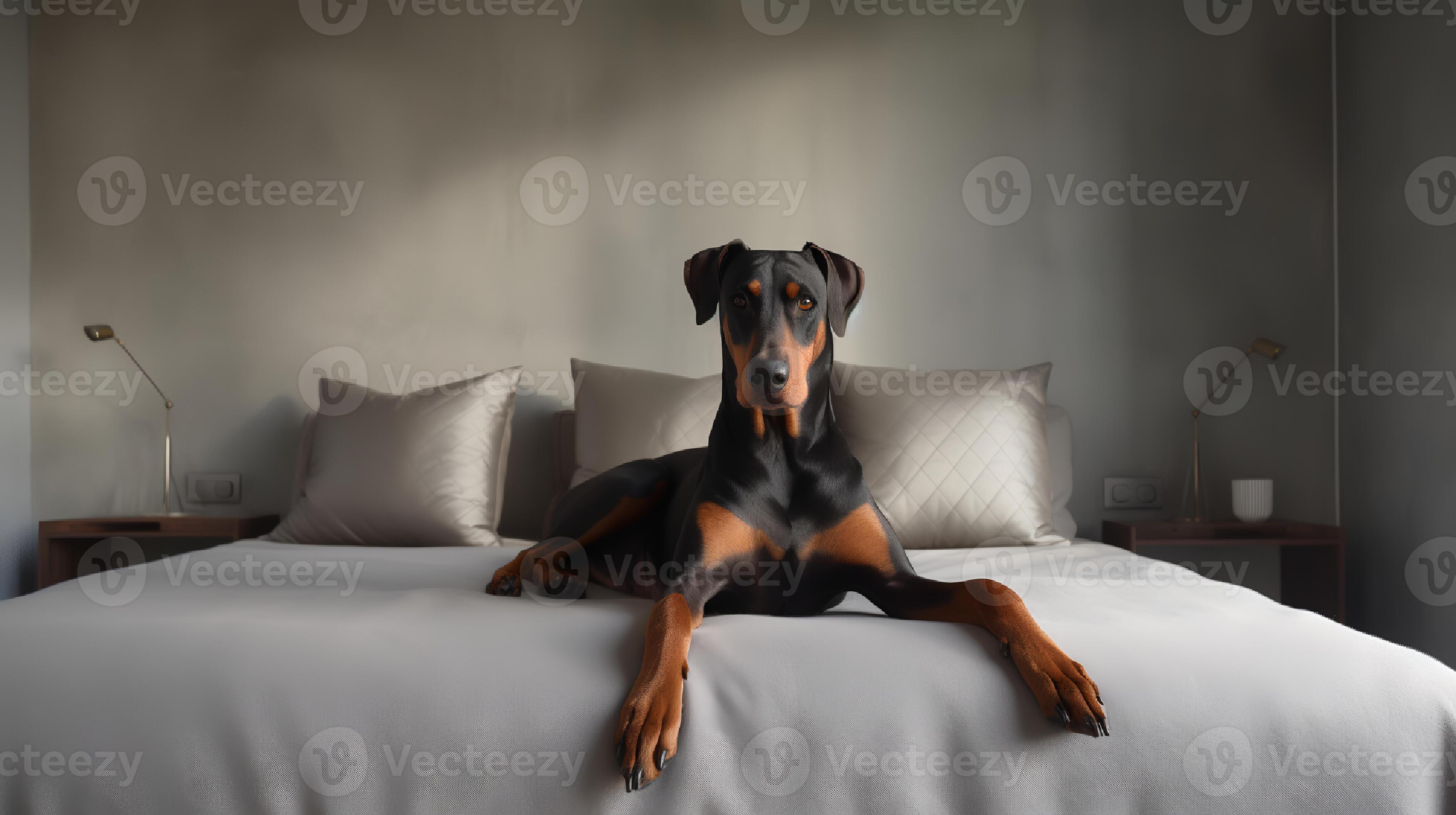 doberman dog lying on bed in hotel with contemporary interior design