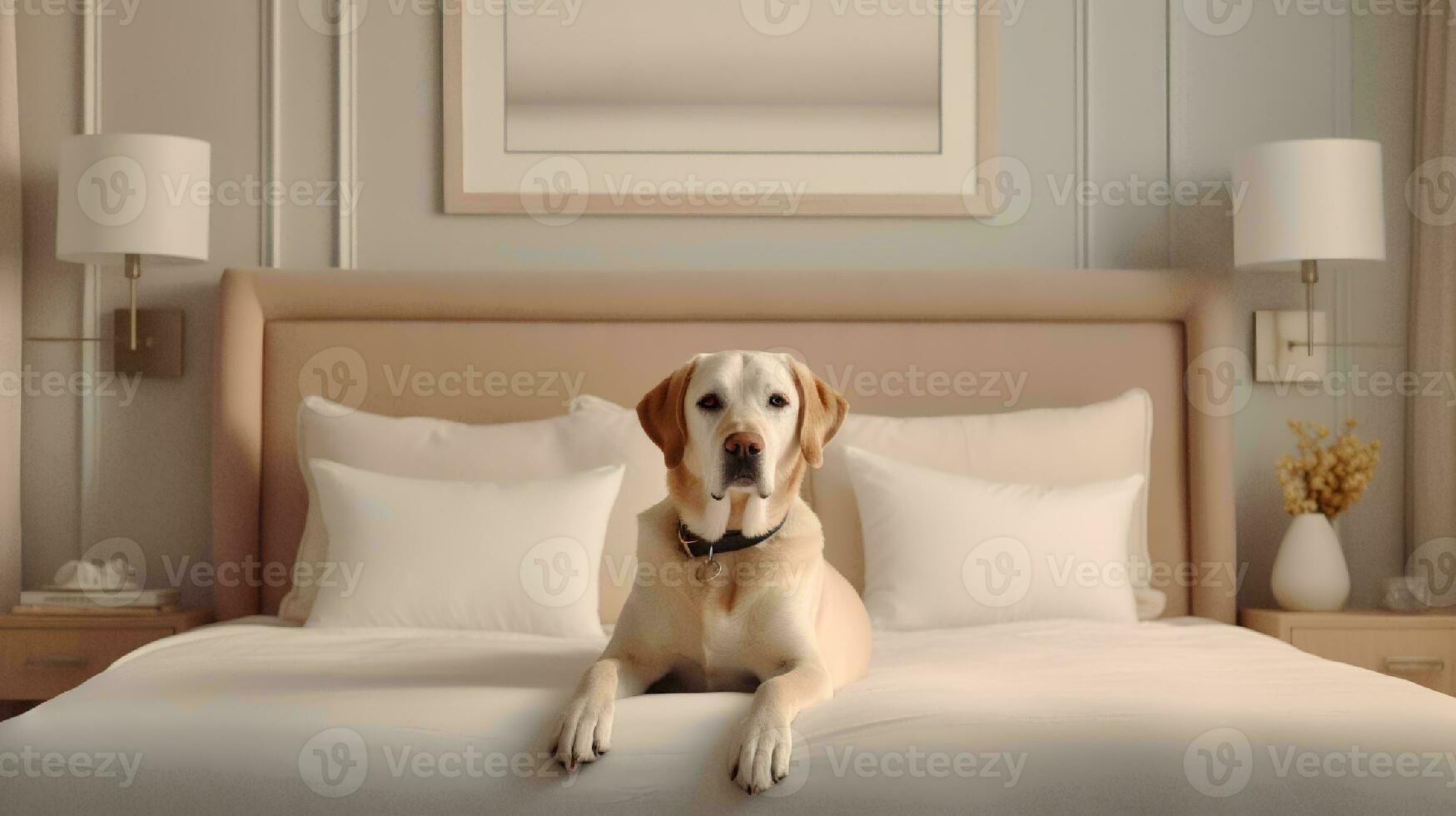 golden retriever dog lying on bed in hotel with contemporary interior design. Generative AI photo