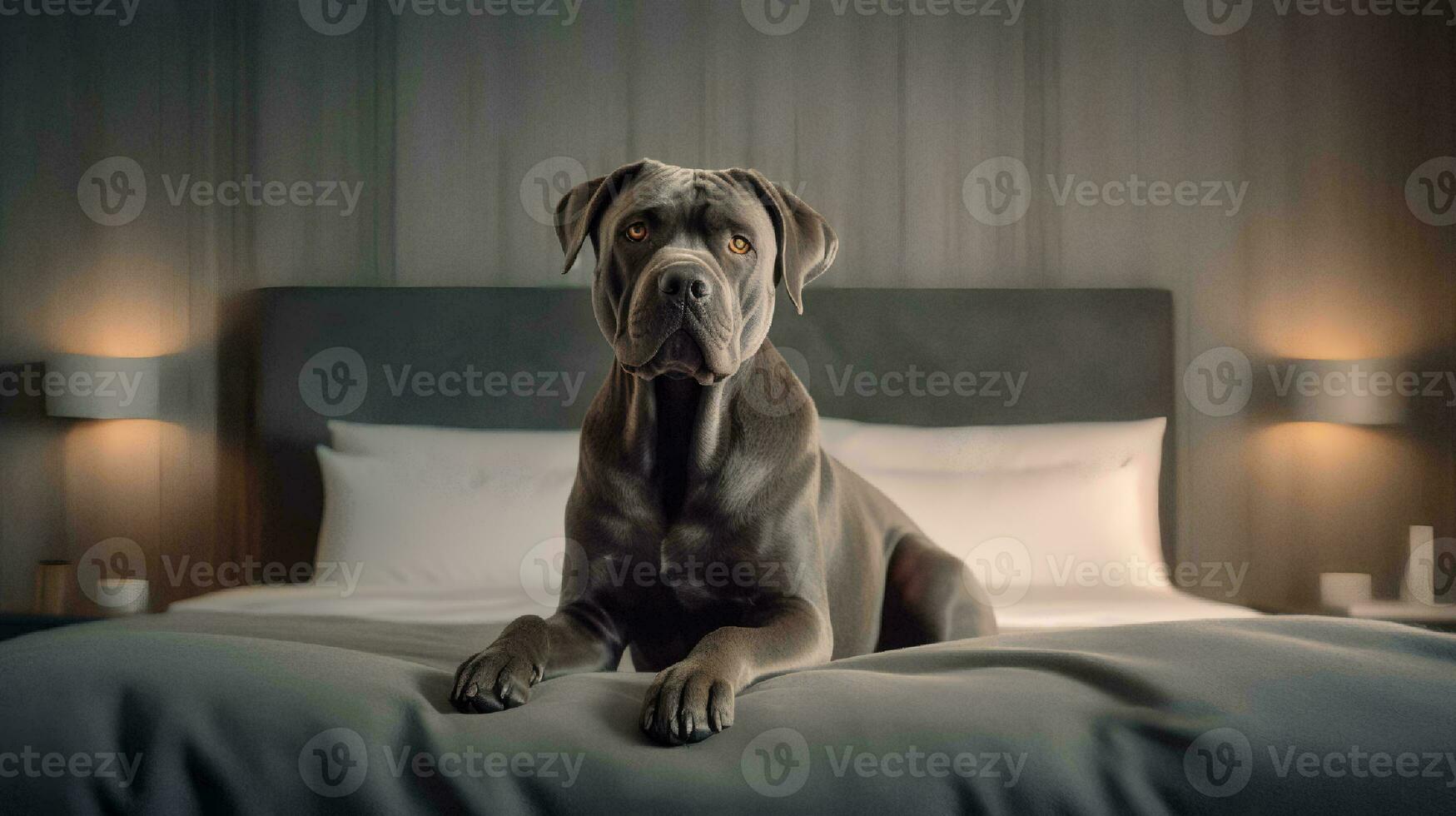 cane corso dog lying on bed in hotel with contemporary interior design. Generative AI photo