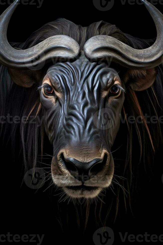 Close up photo of Wildebeest isolate on black background. Generative AI
