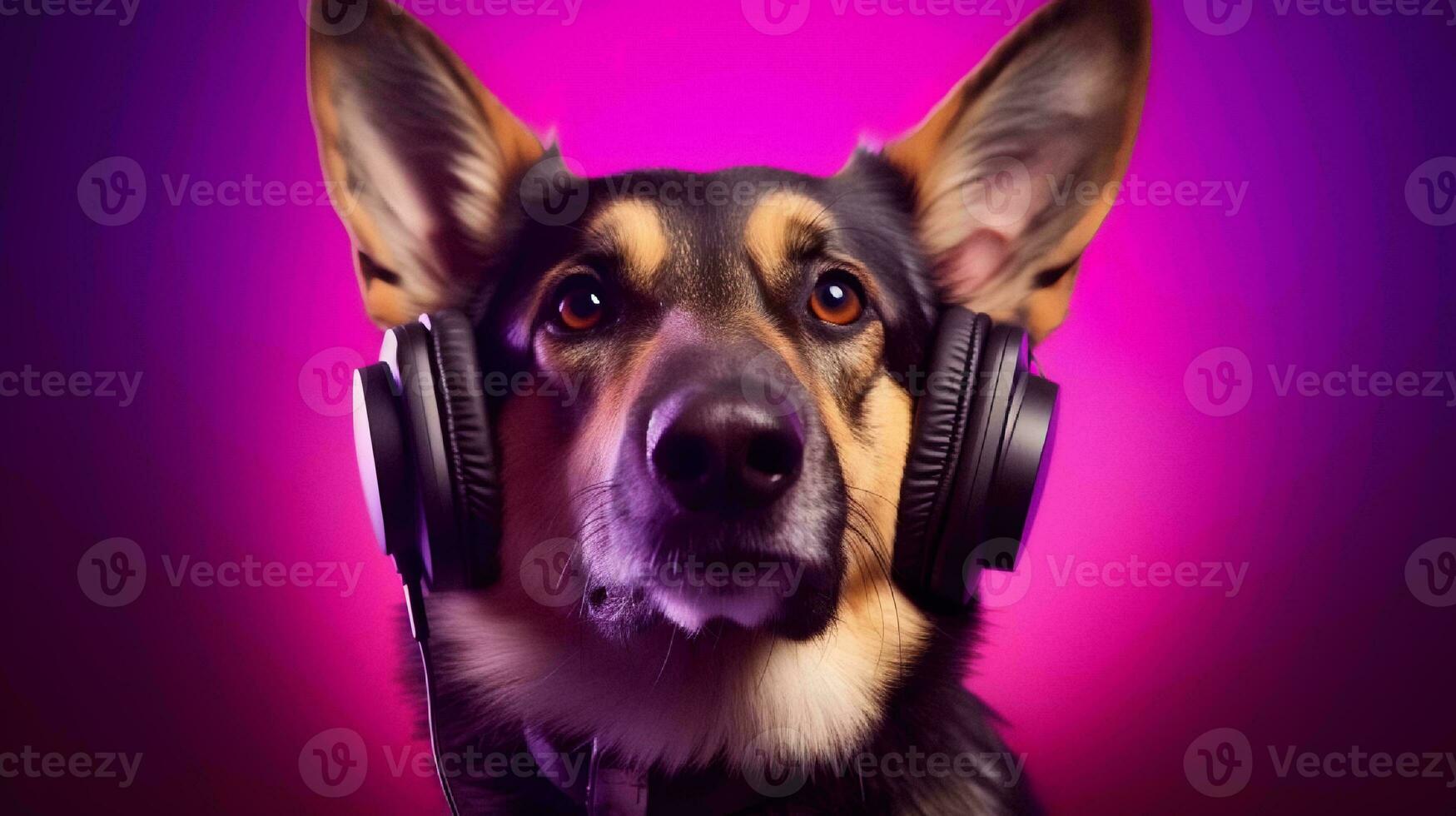 Photo of german shepherd using headphone  on purple background. Generative AI