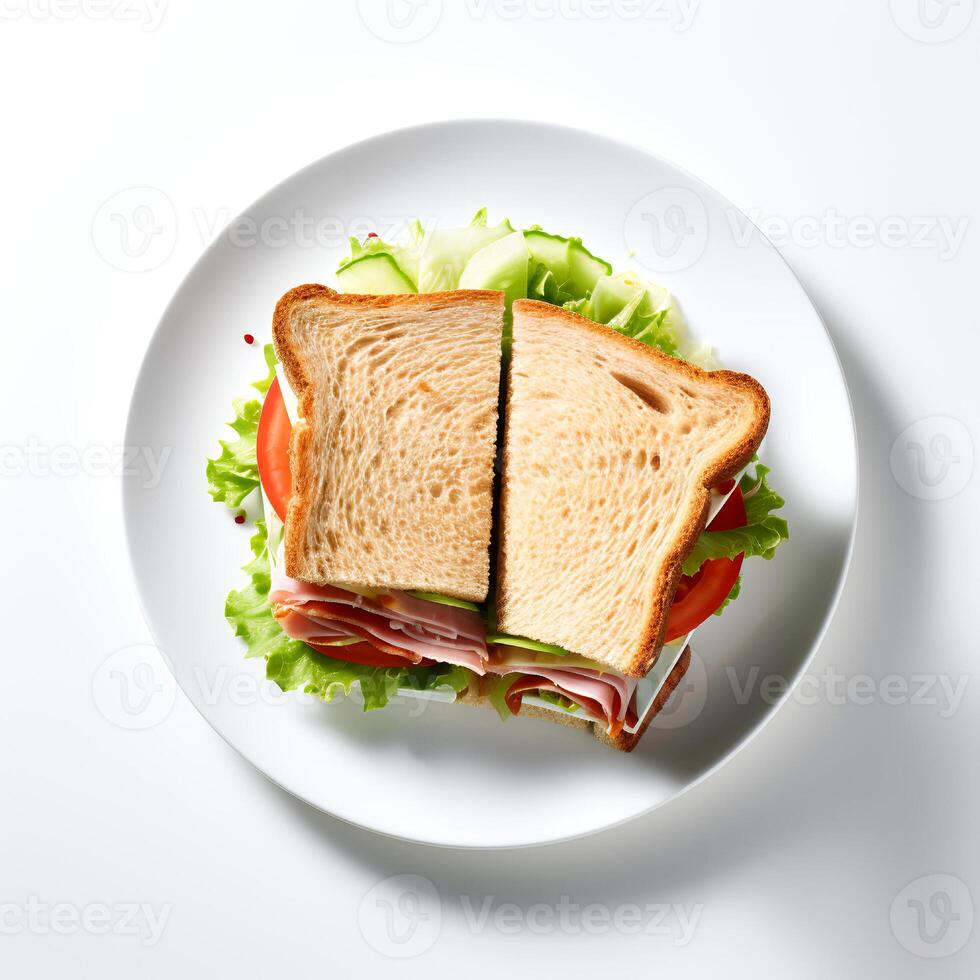 Food photography of sandwich on plate isolated on white background. Generative AI photo