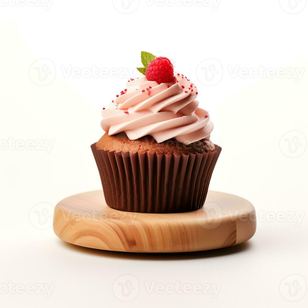cup cake on wooden board isolated on white background. Created by Generative AI photo