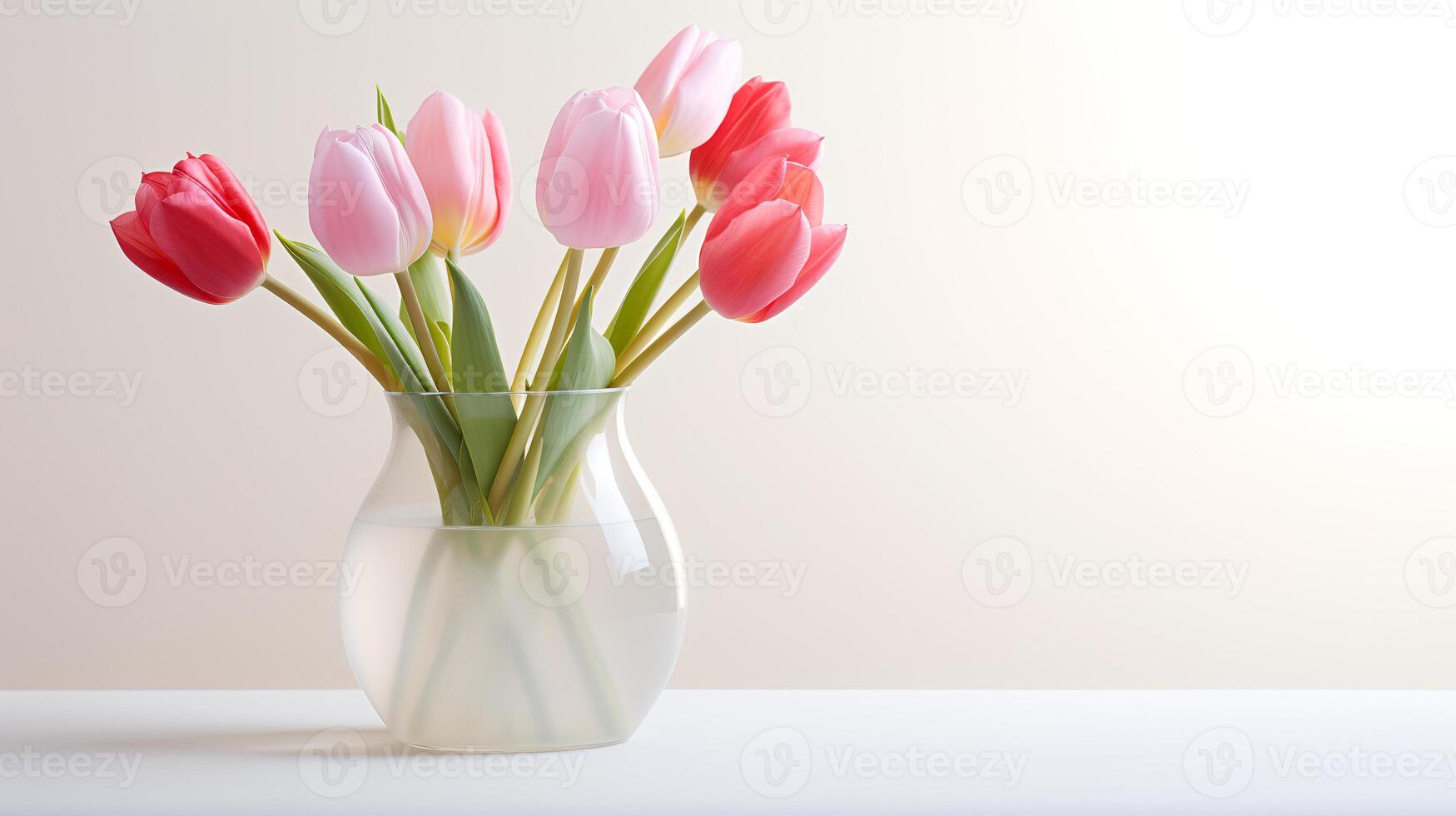Photo of tulips in minimalist transparent vase as houseplant for home decoration on warm color background.