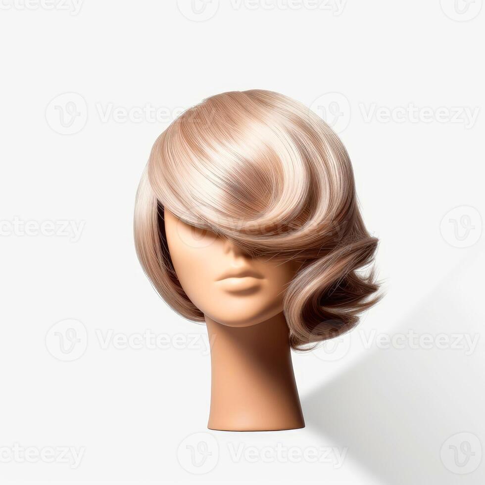 Hair wig over the plastic mannequin head isolated over the white background, mockup featuring contemporary women's hairstyles, Generative AI illustration photo