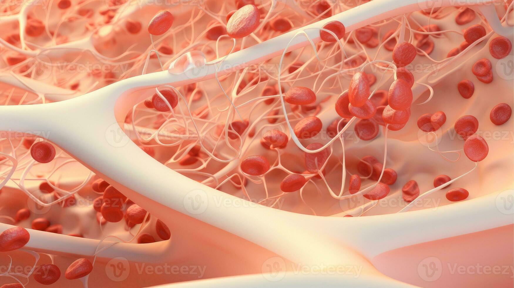 3D illustration mockup of the human organ systems, circulatory, digestive, red and white bloodcells wtih blurred backgroun. Medical education concept, Generative AI illustration photo