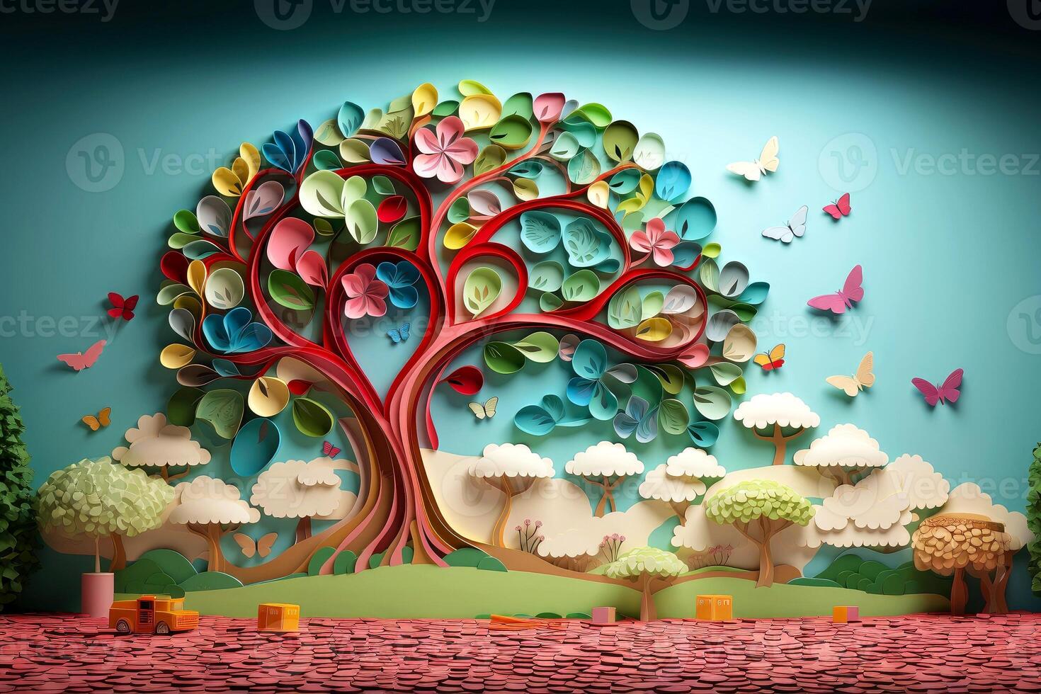 Ecosystem restoration, environment day concept tree background. Recycle icon paper cut banner with forest. Ecology project concept, illustration photo