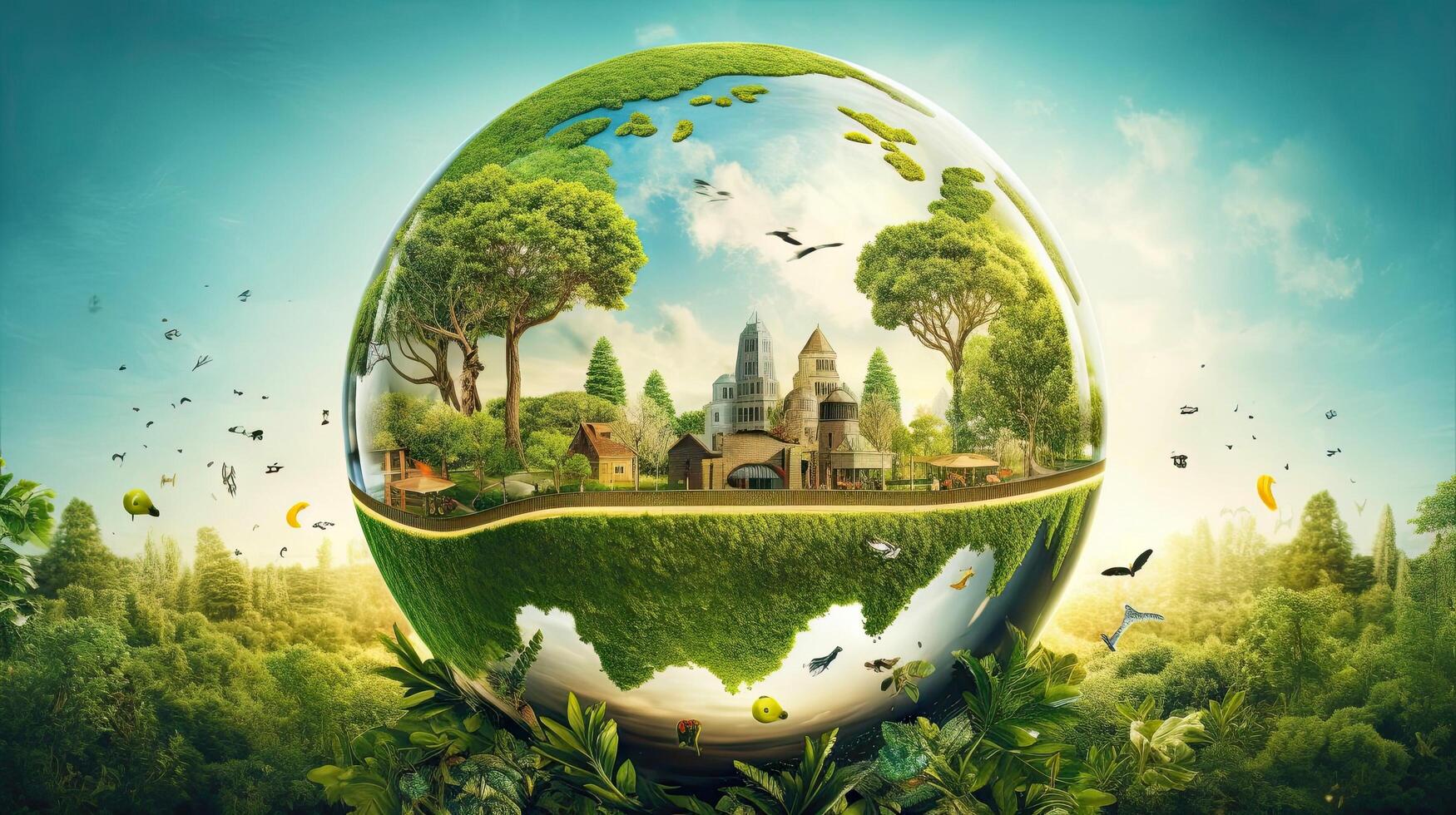 Illustration image, Nature and Sustainability, Eco-friendly Living and conservation, Concept art of Earth and animal life in different environments, illustration photo