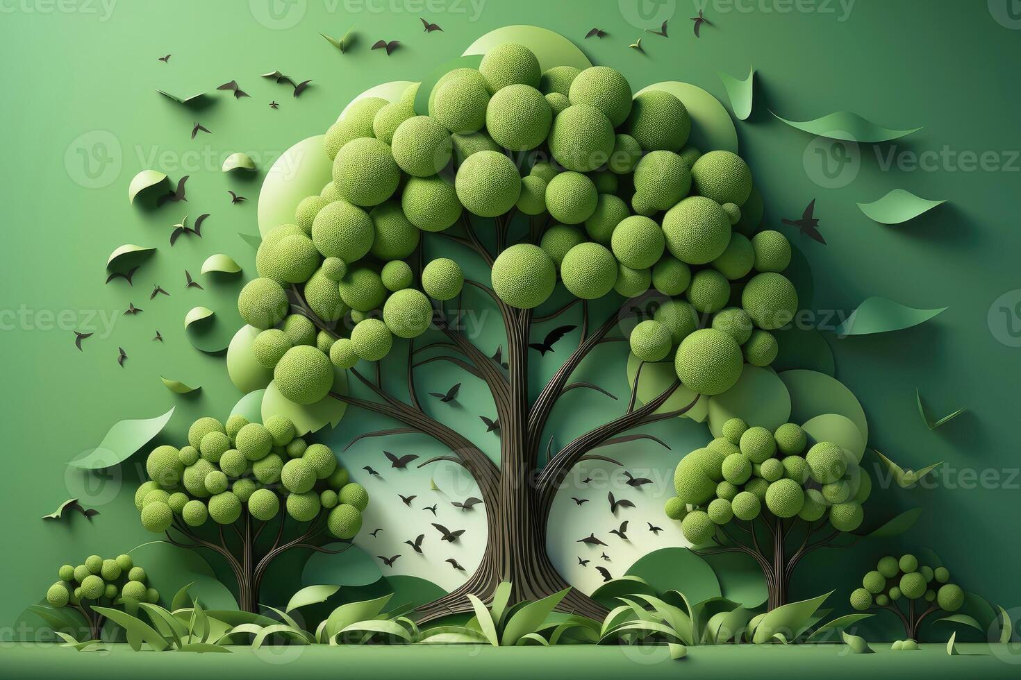 Ecosystem restoration, environment day concept tree background. Recycle icon paper cut banner with forest. Ecology project concept, illustration photo