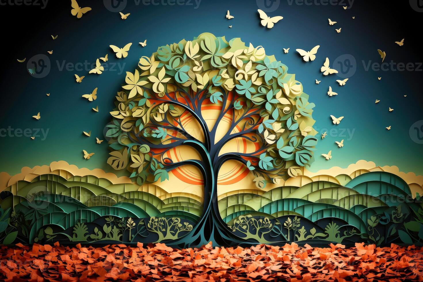 Ecosystem restoration, environment day concept tree background. Recycle icon paper cut banner with forest. Ecology project concept, illustration photo
