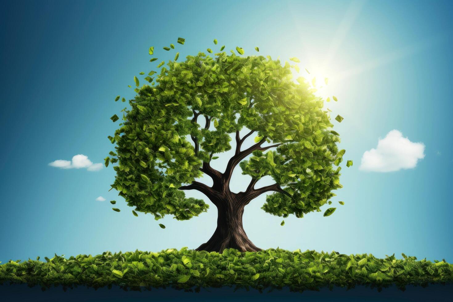 Ecosystem restoration, environment day concept tree background. Recycle icon paper cut banner with forest. Ecology project concept, illustration photo