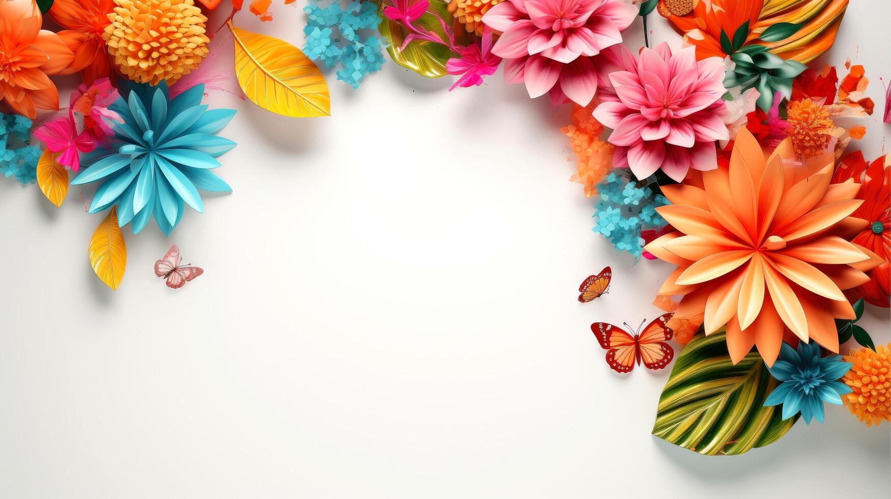 Floral border frame card template. multicolor flowers, leaves, for banner, wedding card. Springtime composition with copy-space, illustration photo