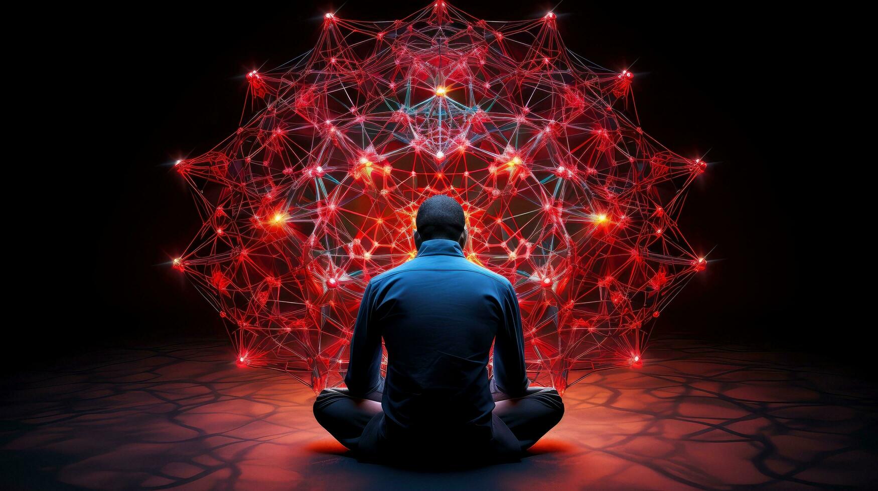 Human meditate, yoga. Psychic human considers mind and heart. Spirituality, esotericism, with bokeh defocused lights. universe, Psychic waves concept, Generative AI illustration photo