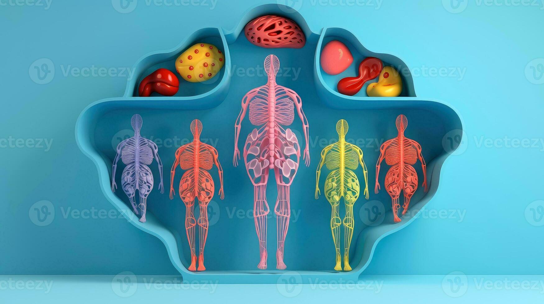 3D illustration of the human organ systems, Human internal organs. Anatomy. Nervous, circulatory, digestive, excretory, urinary,and bone systems. Medical education concept, Generative AI illustration photo