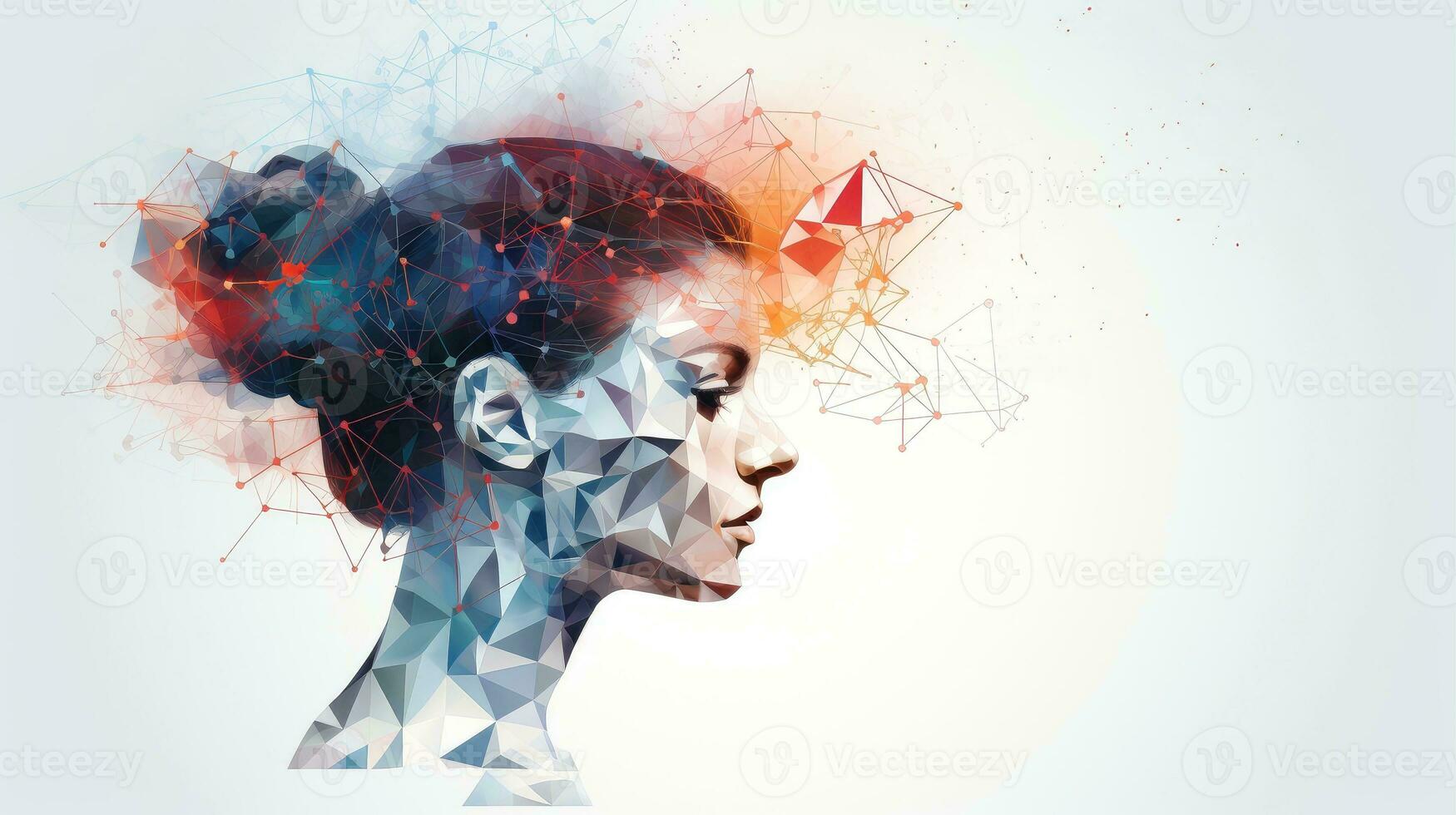 Illustration of abstract profile of a human head and consciousness with physical and chemical structures in the head, Person creative mind, Psychic waves concept, Generative AI illustration photo