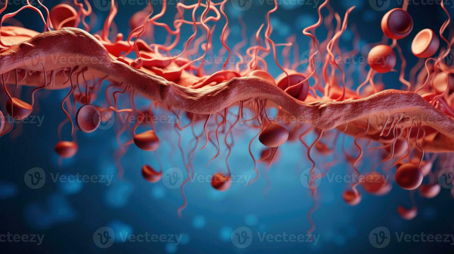 3D illustration mockup of the human organ systems, circulatory, digestive, red and white bloodcells wtih blurred backgroun. Medical education concept, Generative AI illustration photo