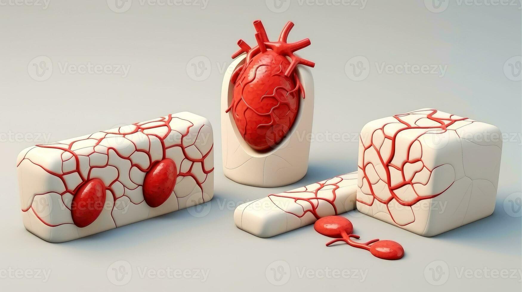 3D illustration mockup of the human organ systems, circulatory, digestive, red and white bloodcells wtih blurred backgroun. Medical education concept, Generative AI illustration photo