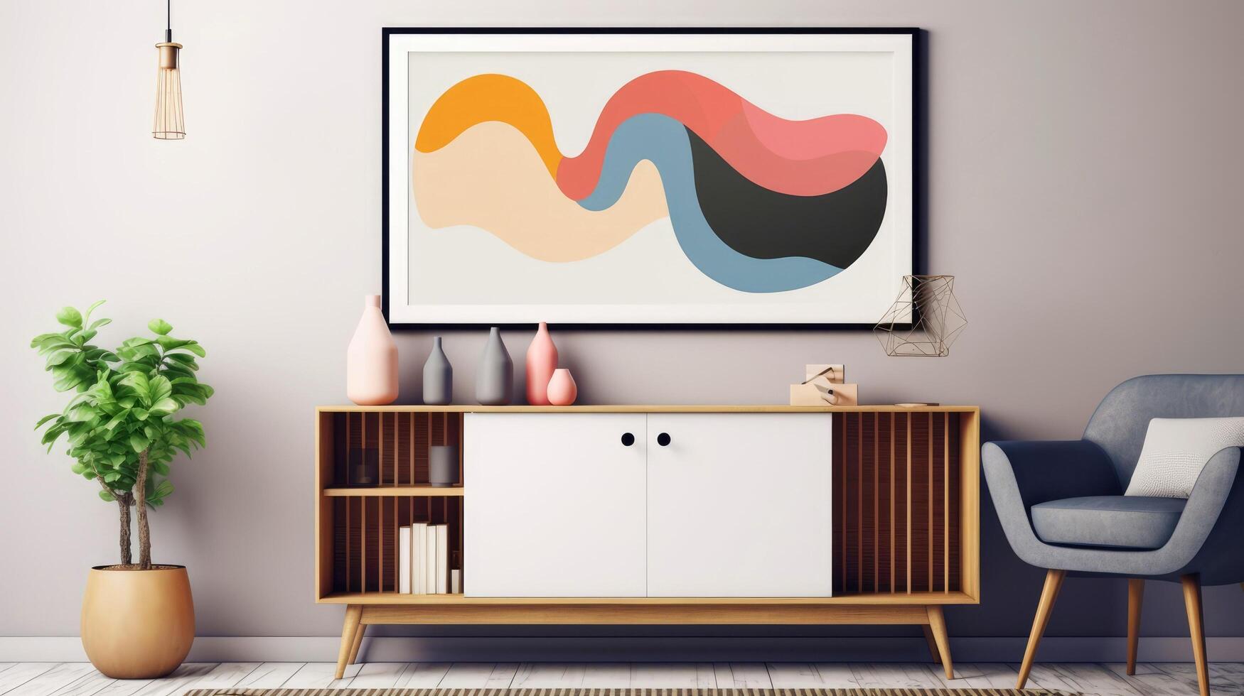 Stylish living room interior design with mock up poster frame, creative home accessories. Home staging. Copy space, illustration photo