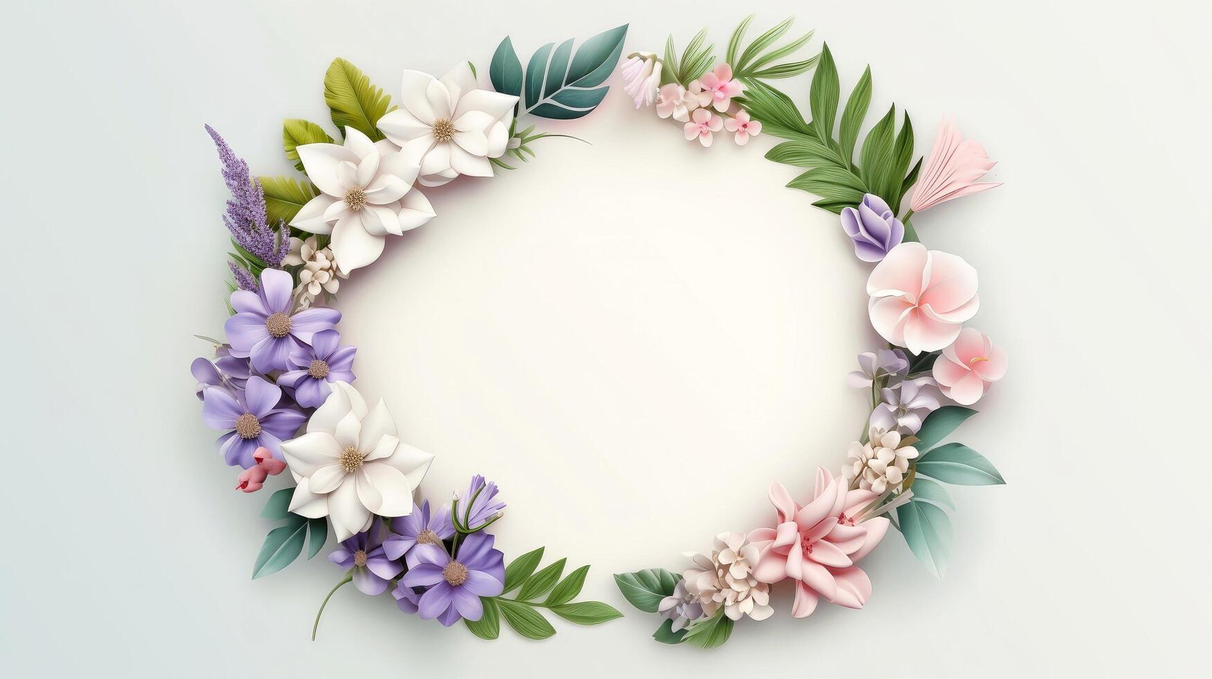 Floral border frame card template. multicolor flowers, leaves, for banner, wedding card. Springtime composition with copy-space, illustration photo