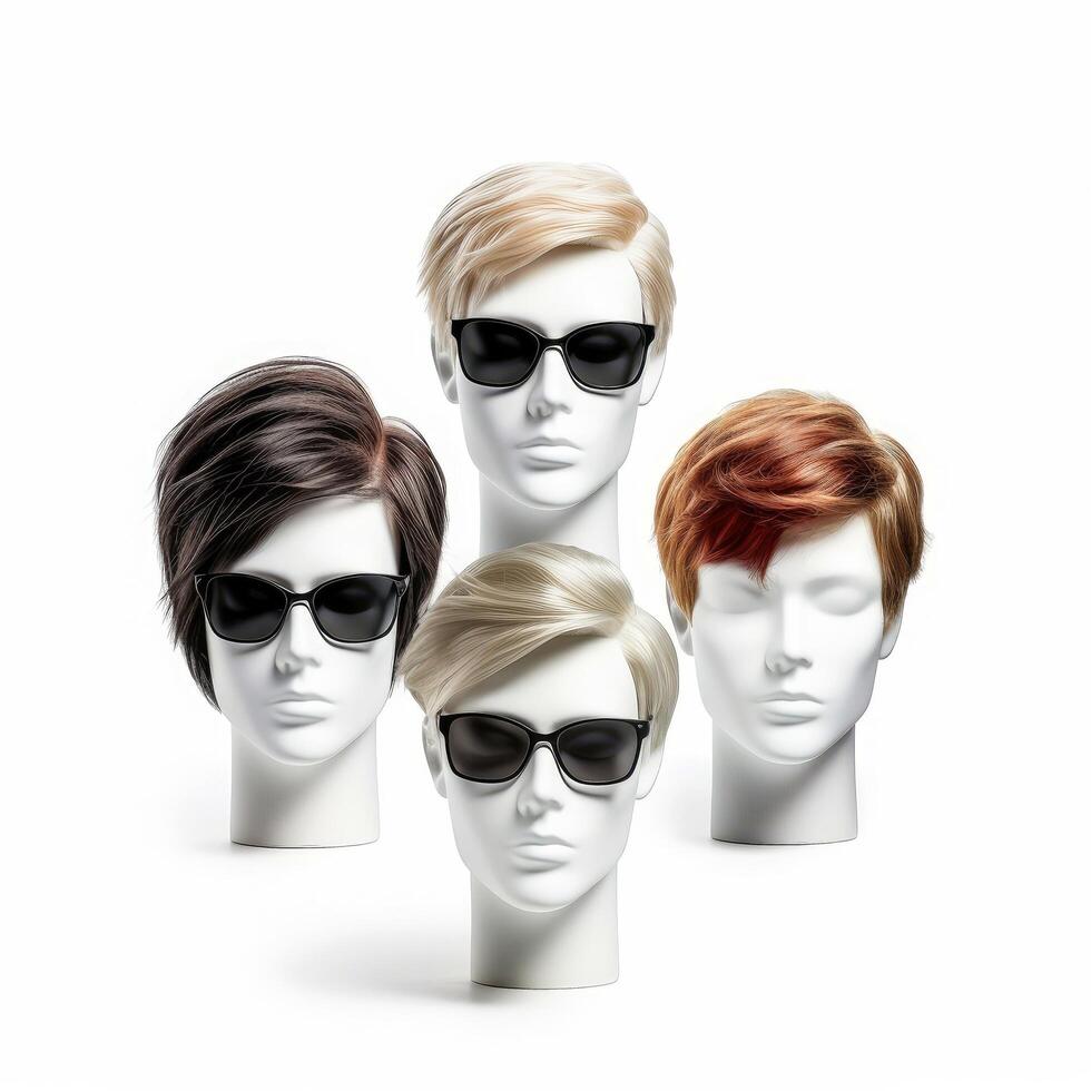 Hair wig over the plastic mannequin head isolated over the white background, mockup featuring contemporary men's hairstyles, Generative AI illustration photo