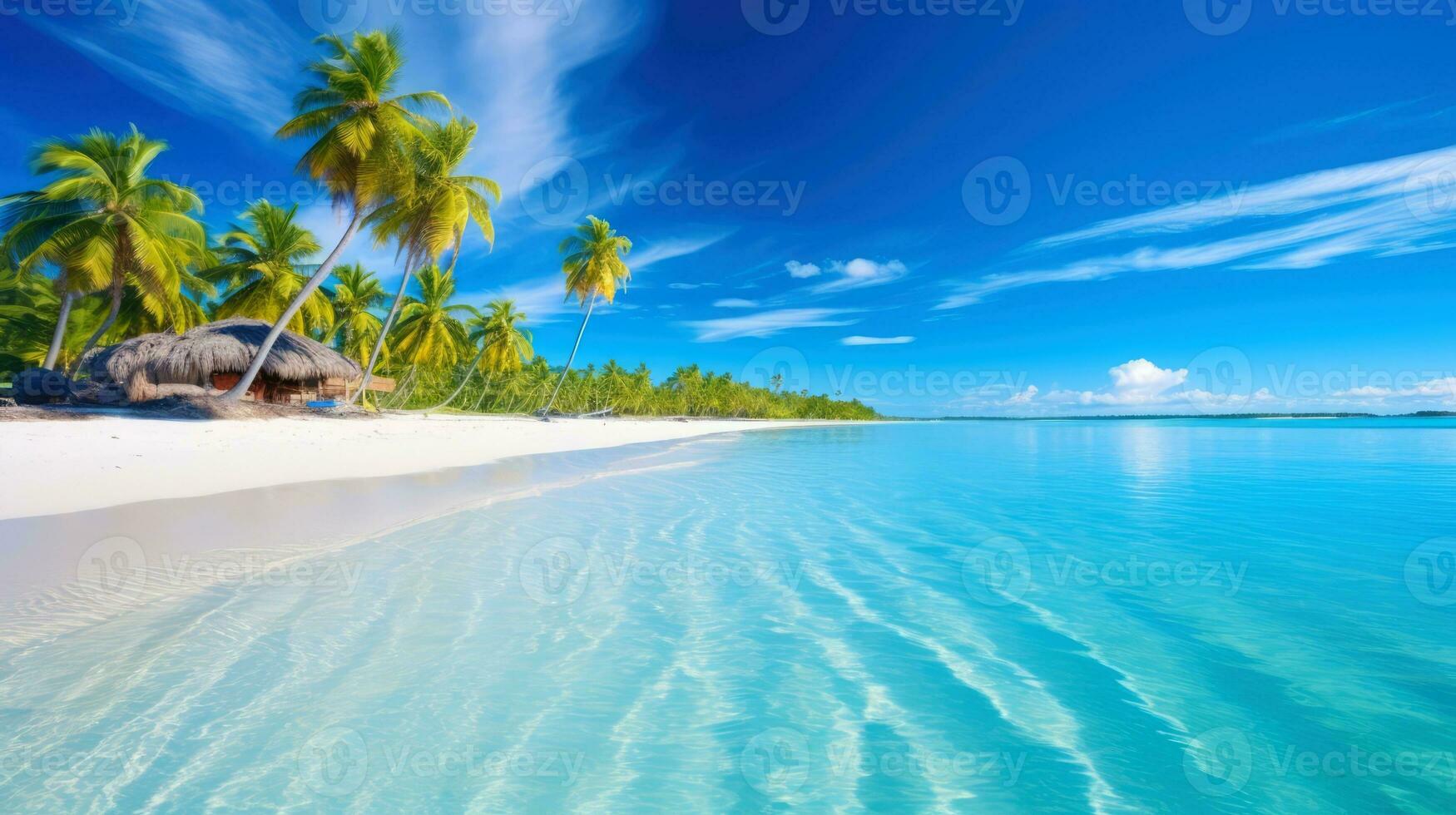 Illustration image, beach scene with crystal-clear turquoise waters, powdery white sand, palm leaves, sparkling waves and blue sunny sky, with copy space, Generative AI illustration photo
