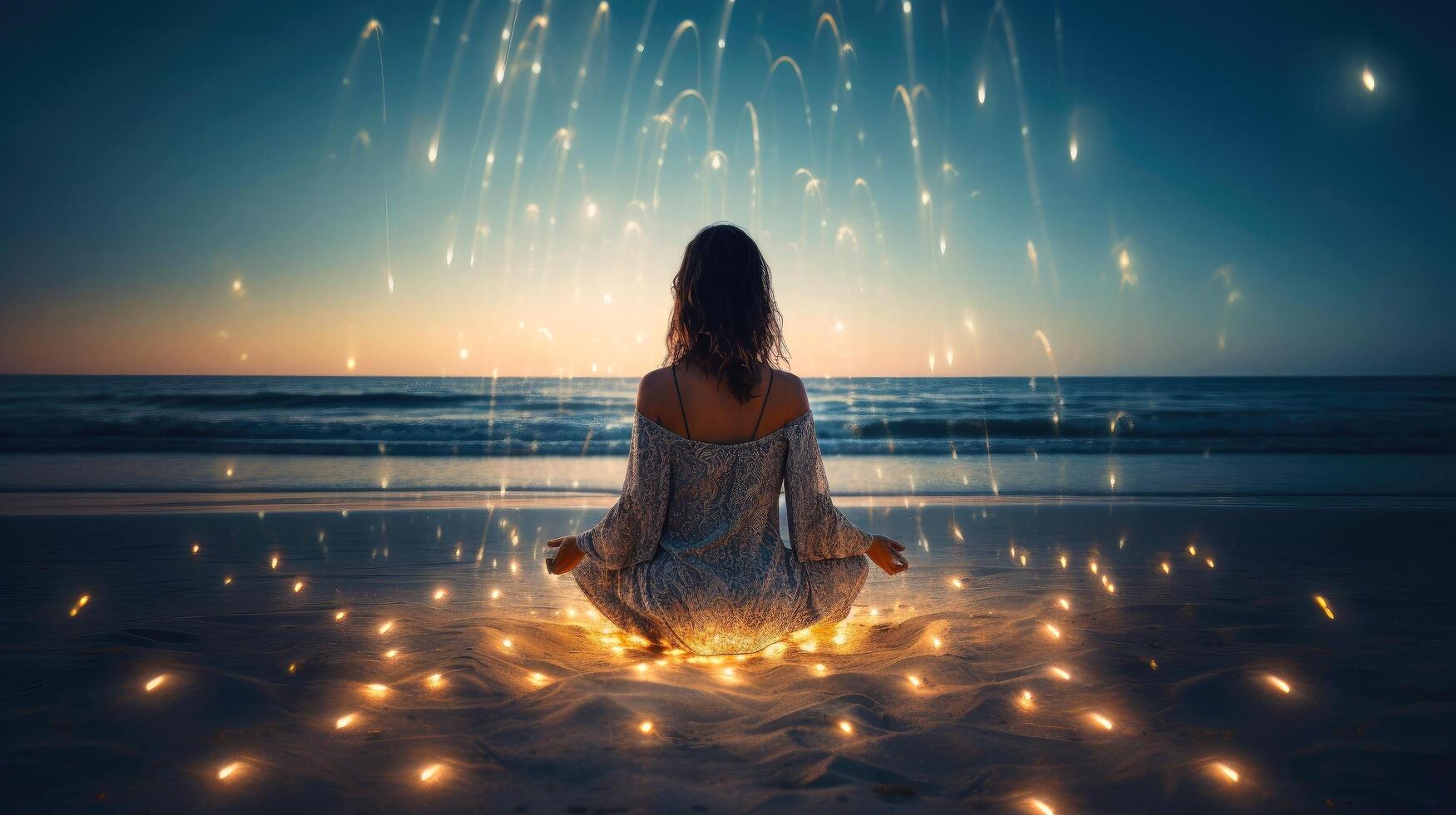 Women meditate, yoga. Psychic women considers mind and heart. Spirituality, esotericism, with bokeh defocused lights. universe, illustration photo