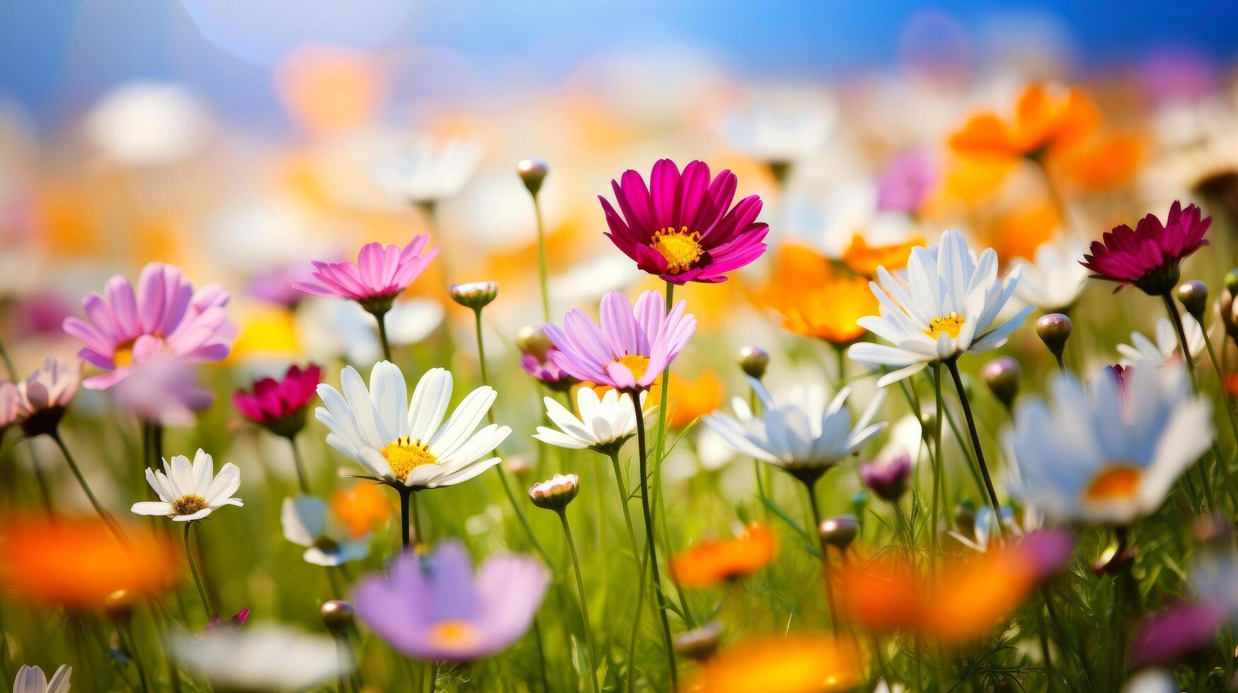 Nature floral background in early summer. Colorful natural spring landscape with with flowers, soft selective focus, illustration photo