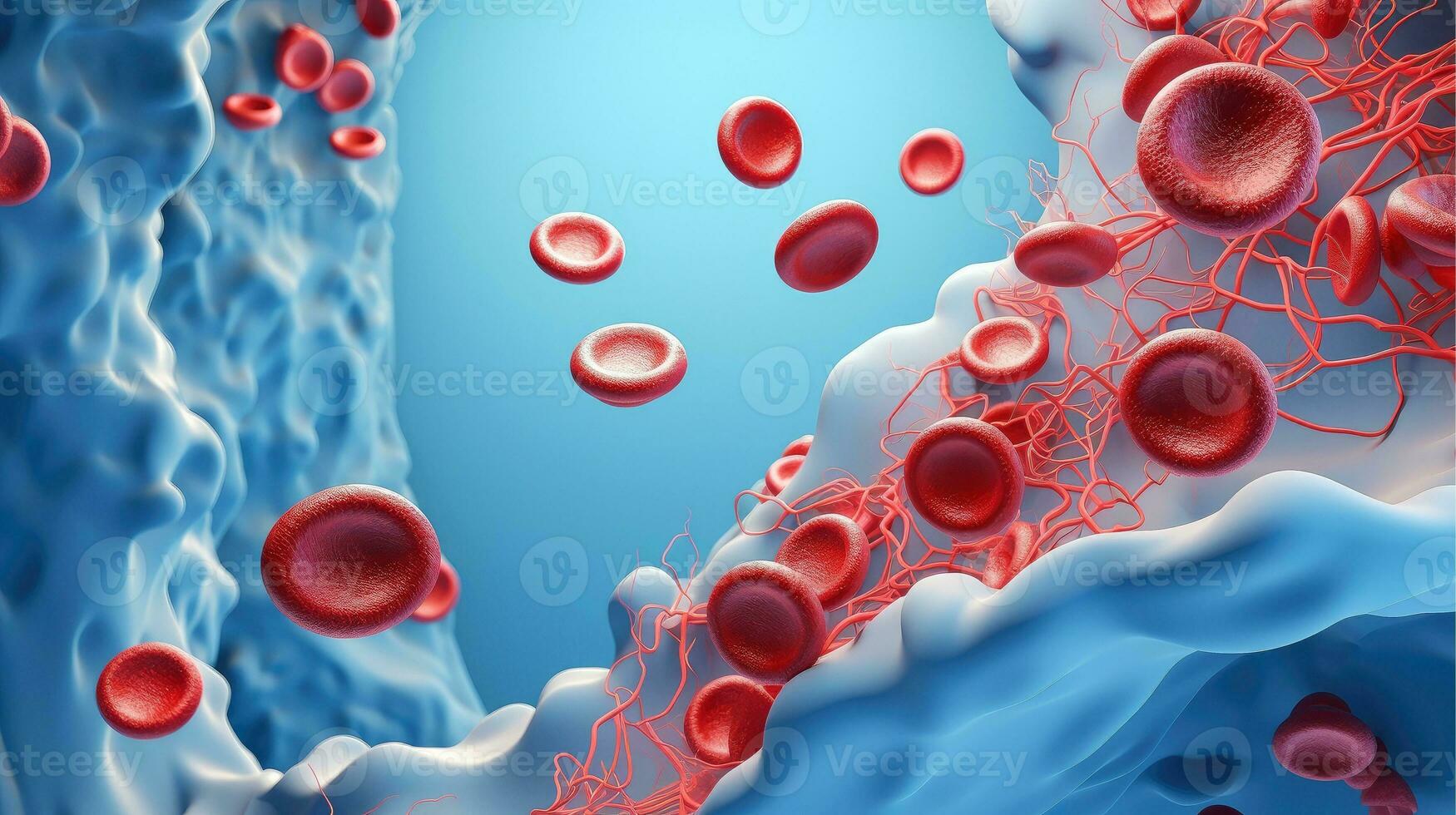 3D illustration mockup of the human organ systems, circulatory, digestive, red and white bloodcells wtih blurred backgroun. Medical education concept, Generative AI illustration photo