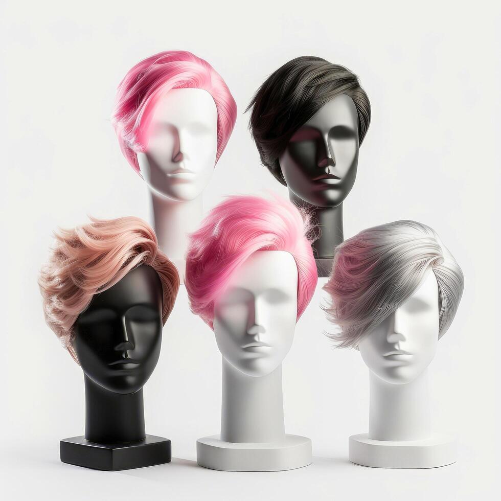 Hair wig over the plastic mannequin head isolated over the white background, mockup featuring contemporary men's hairstyles, illustration photo