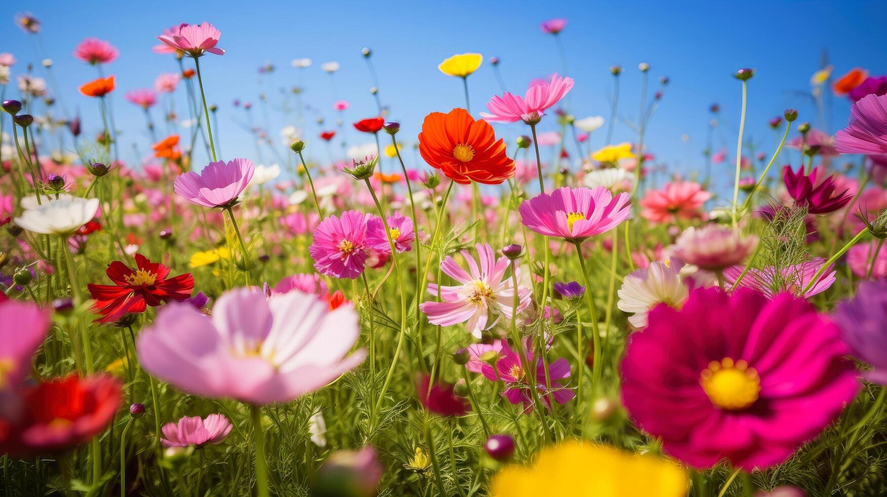 Nature floral background in early summer. Colorful natural spring landscape with with flowers, soft selective focus, Generative AI illustration photo