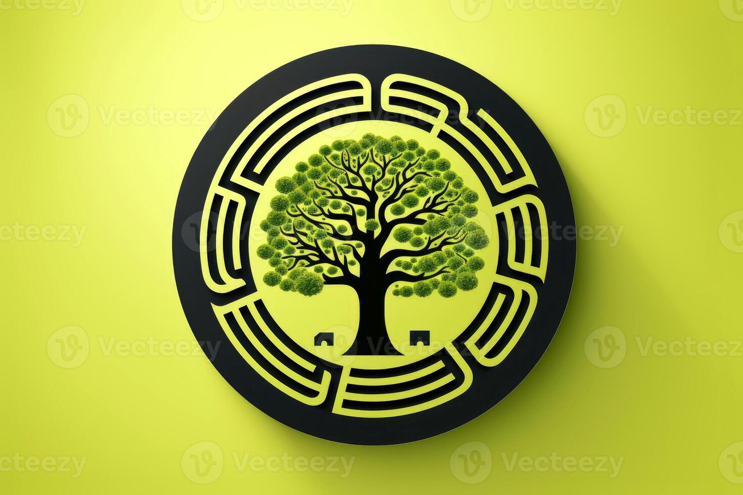 Ecosystem restoration, environment day concept tree background. Recycle icon paper cut banner with forest. Ecology project concept, Generative AI illustration photo