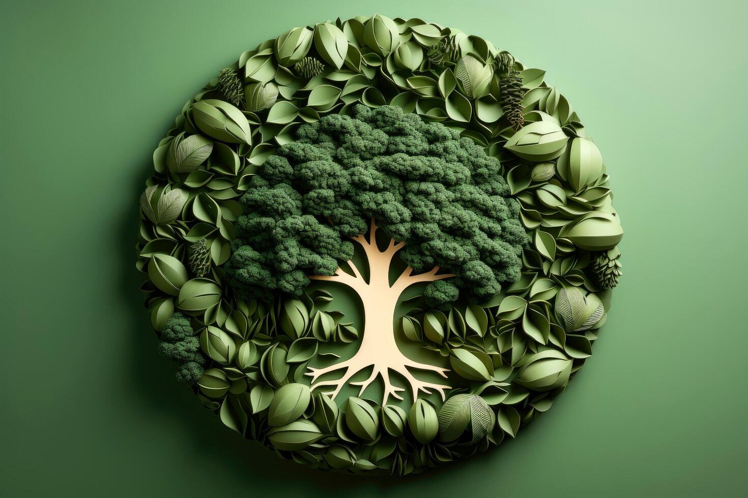 Ecosystem restoration, environment day concept tree background. Recycle icon paper cut banner with forest. Ecology project concept, illustration photo