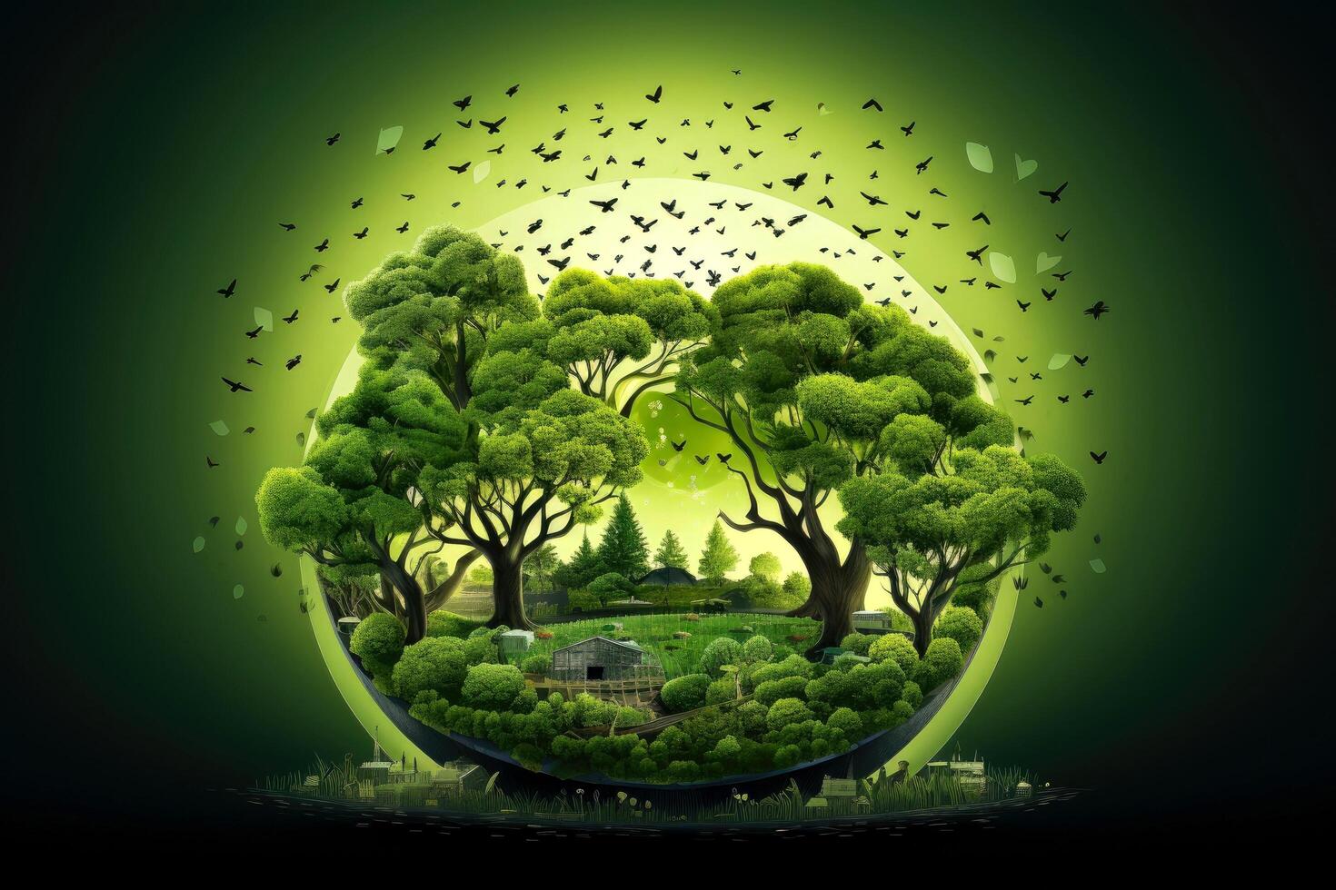 Ecosystem restoration, environment day concept tree background. Recycle icon paper cut banner with forest. Ecology project concept, illustration photo