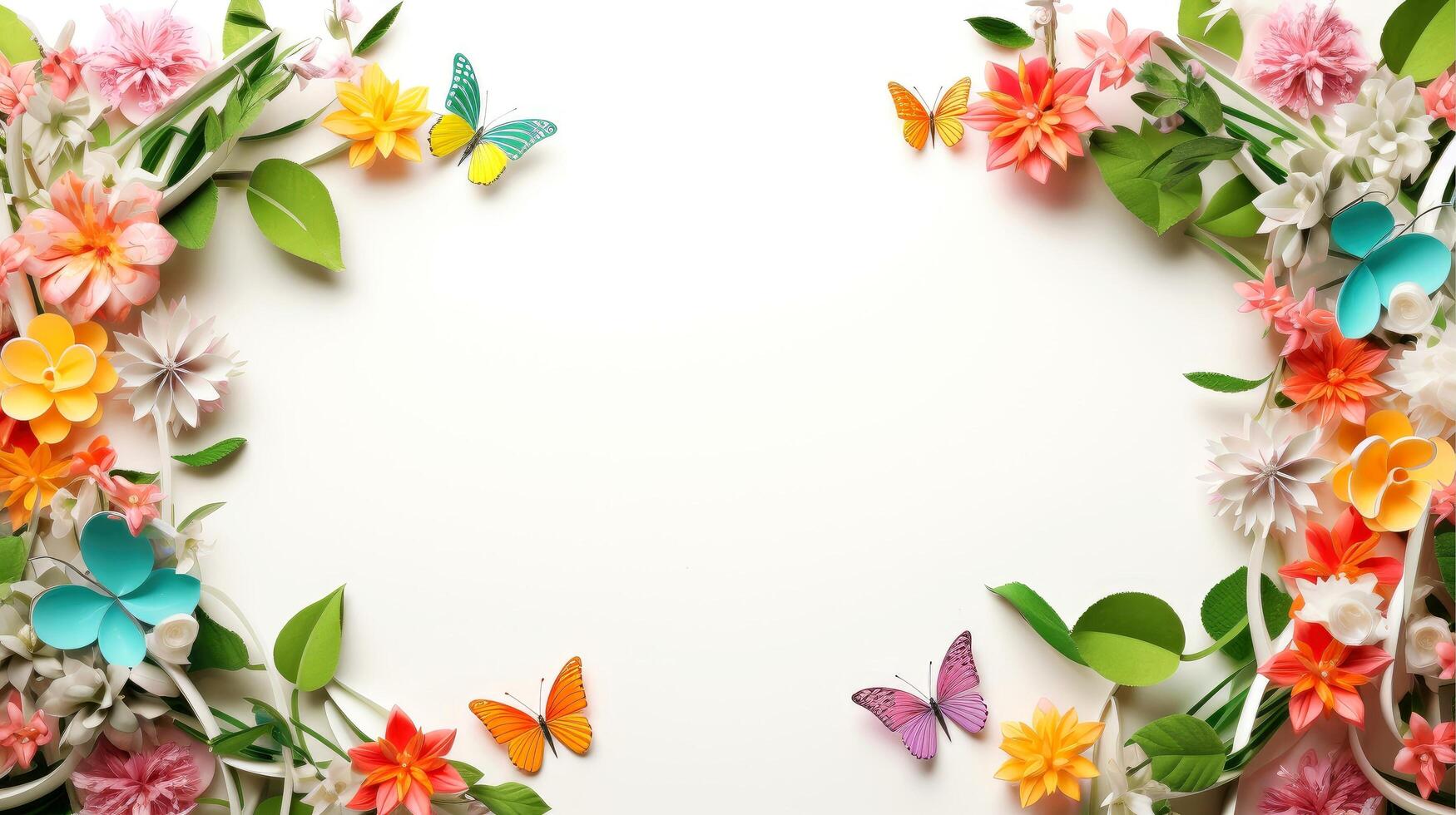 Floral border frame card template. multicolor flowers, leaves, for banner, wedding card. Springtime composition with copy-space, illustration photo
