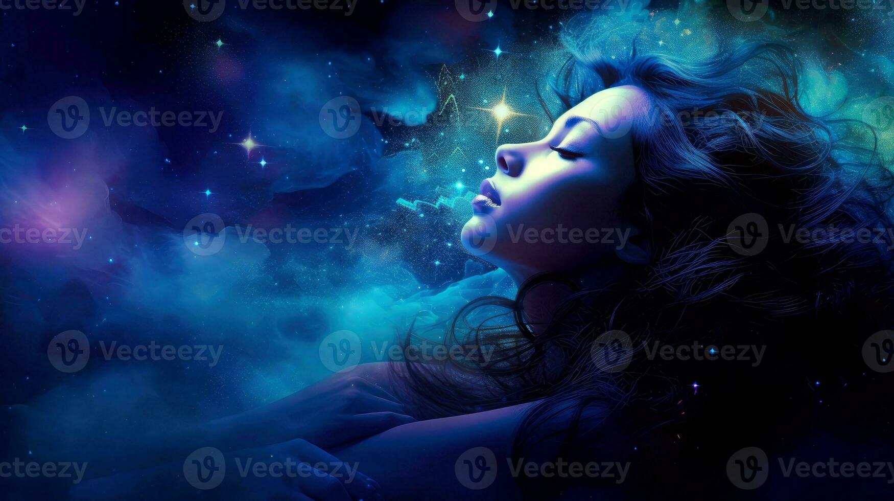 ilustración de mujer dormido y soñando psíquico niña considera mente y corazón, espiritualidad, esoterismo psíquico olas concepto, generativo ai ilustración foto