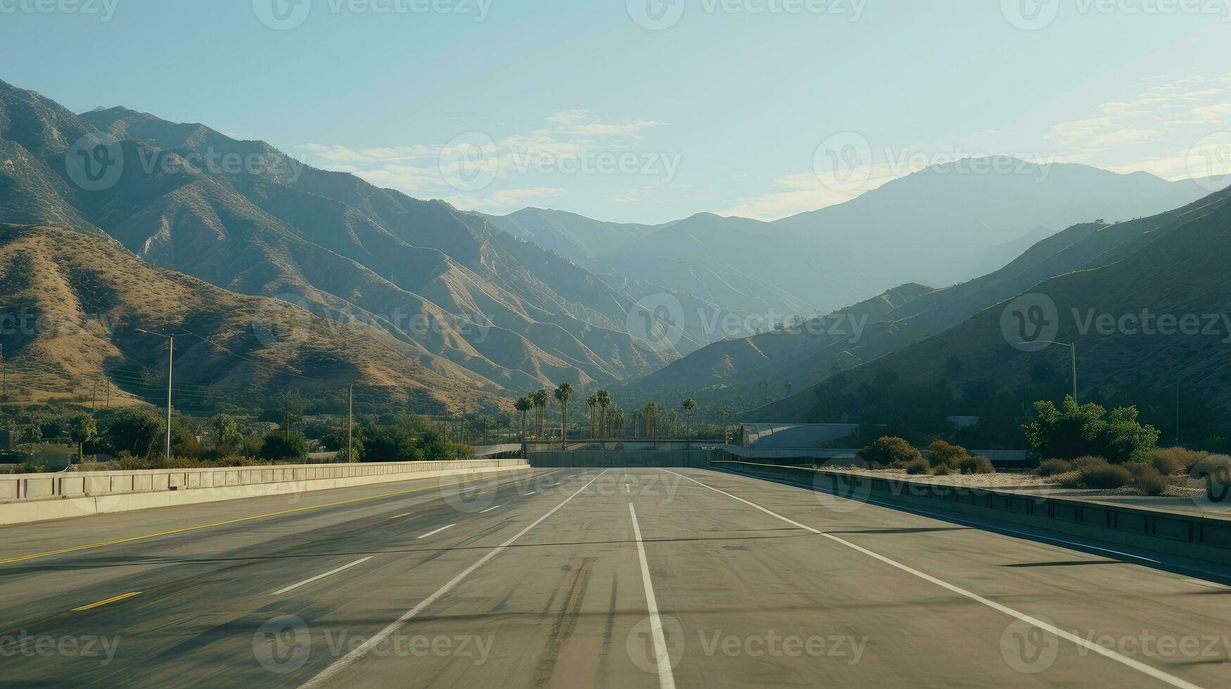 Illustration image of landscape with country road, empty asphalt road on blue cloudy sky background. Multicolor vibrant outdoors horizontal image, Generative AI illustration photo