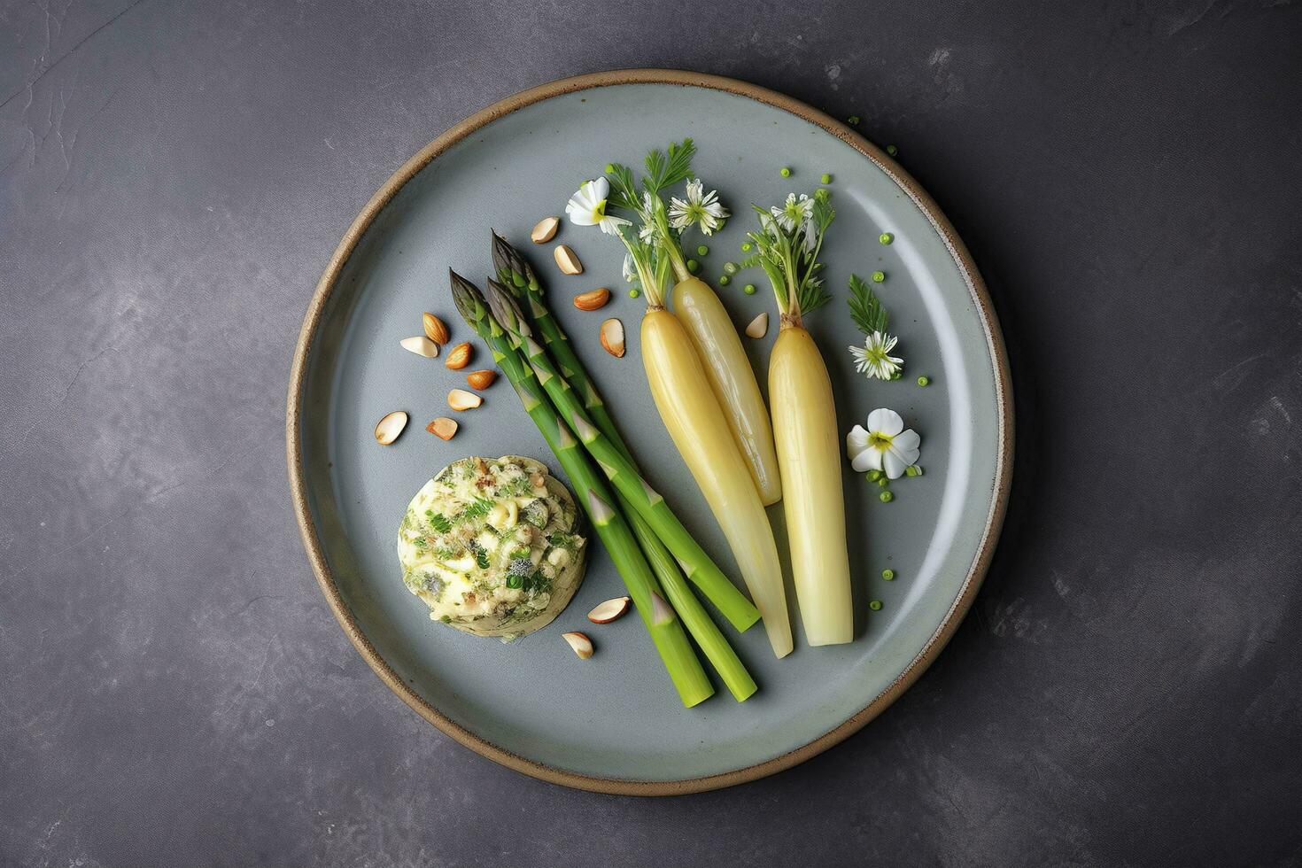 Traditional Bavarian white asparagus served with wild garlic and almond butter close-up on a Nordic design plate with copy space, generate ai photo