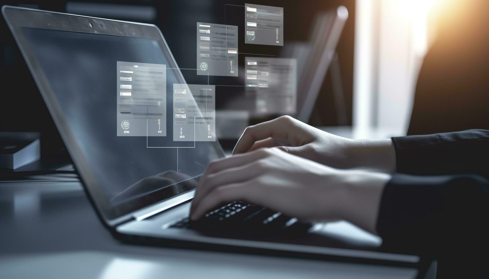 Document Management System being setup by IT consultant working on laptop computer in office with document directory. Software for archiving, managing corporate file information, generate ai photo