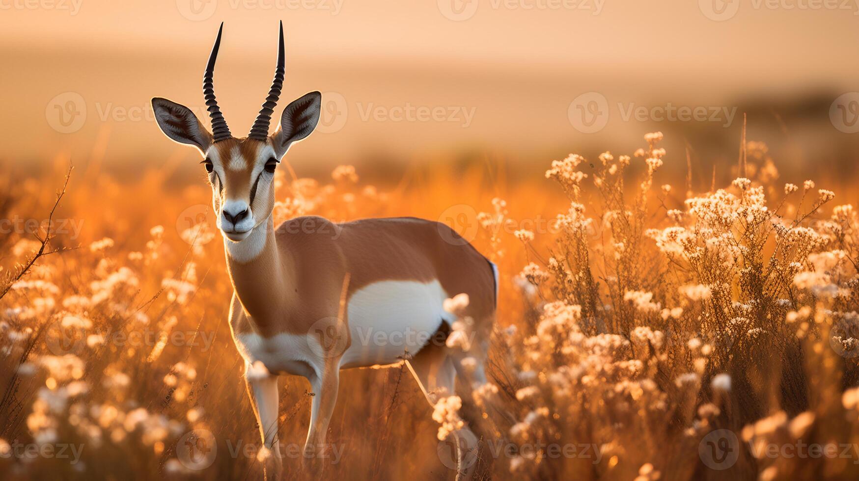 Photo of Springbok on savanna at sunset. Generative AI