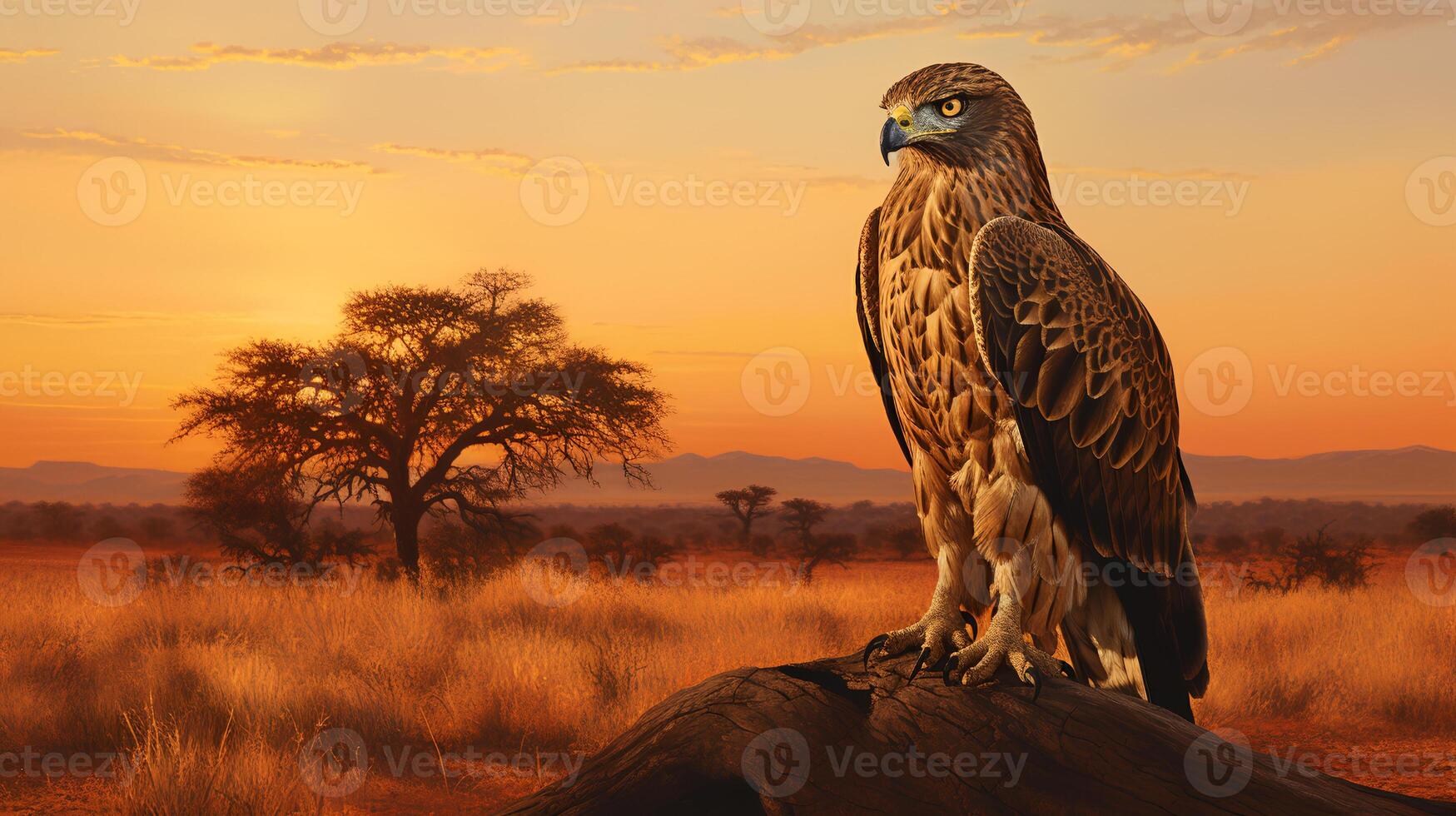 Photo of Martial Eagle on savanna at sunset.