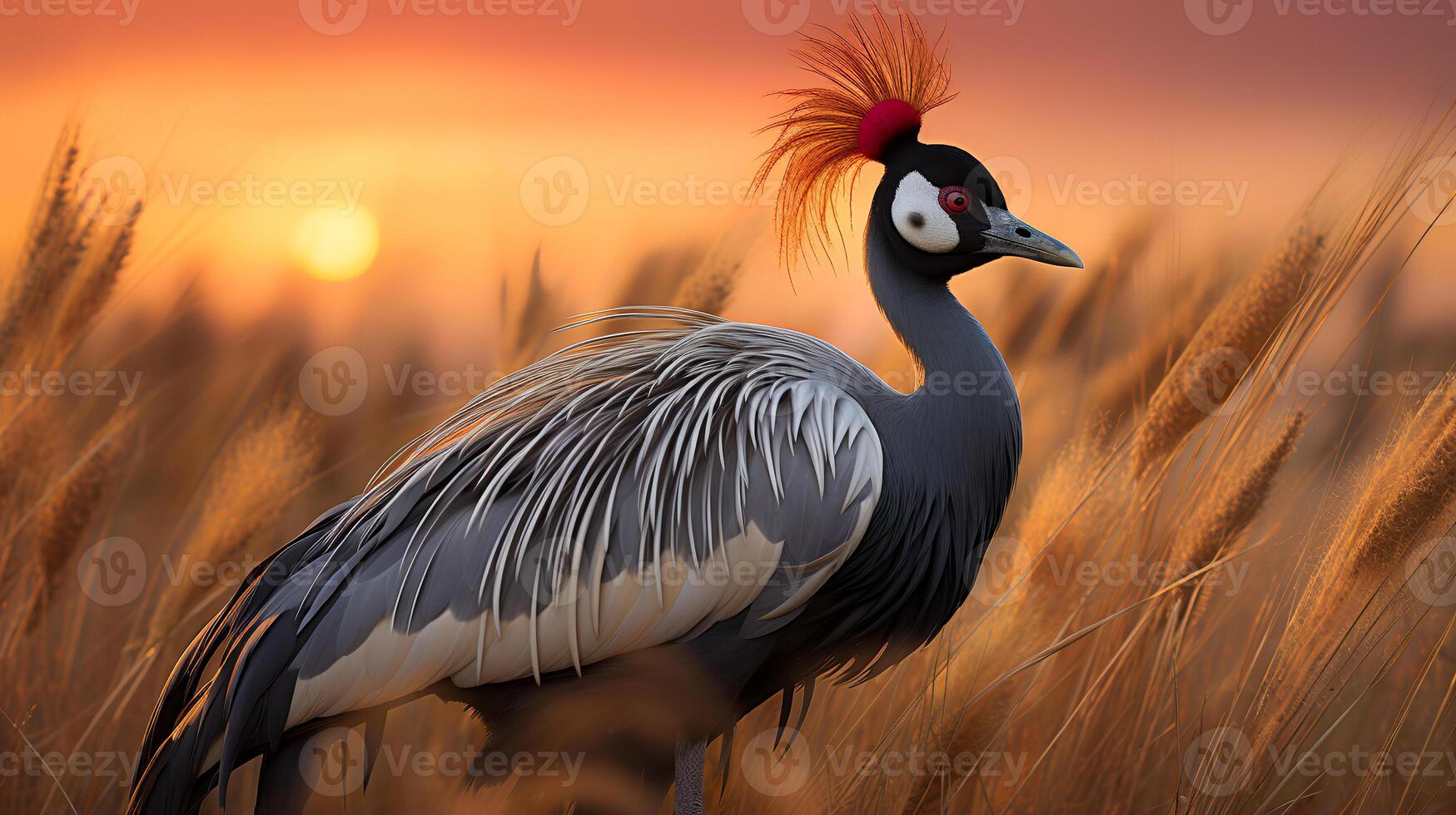 Photo of Grey Crowned Crane on savanna at sunset.