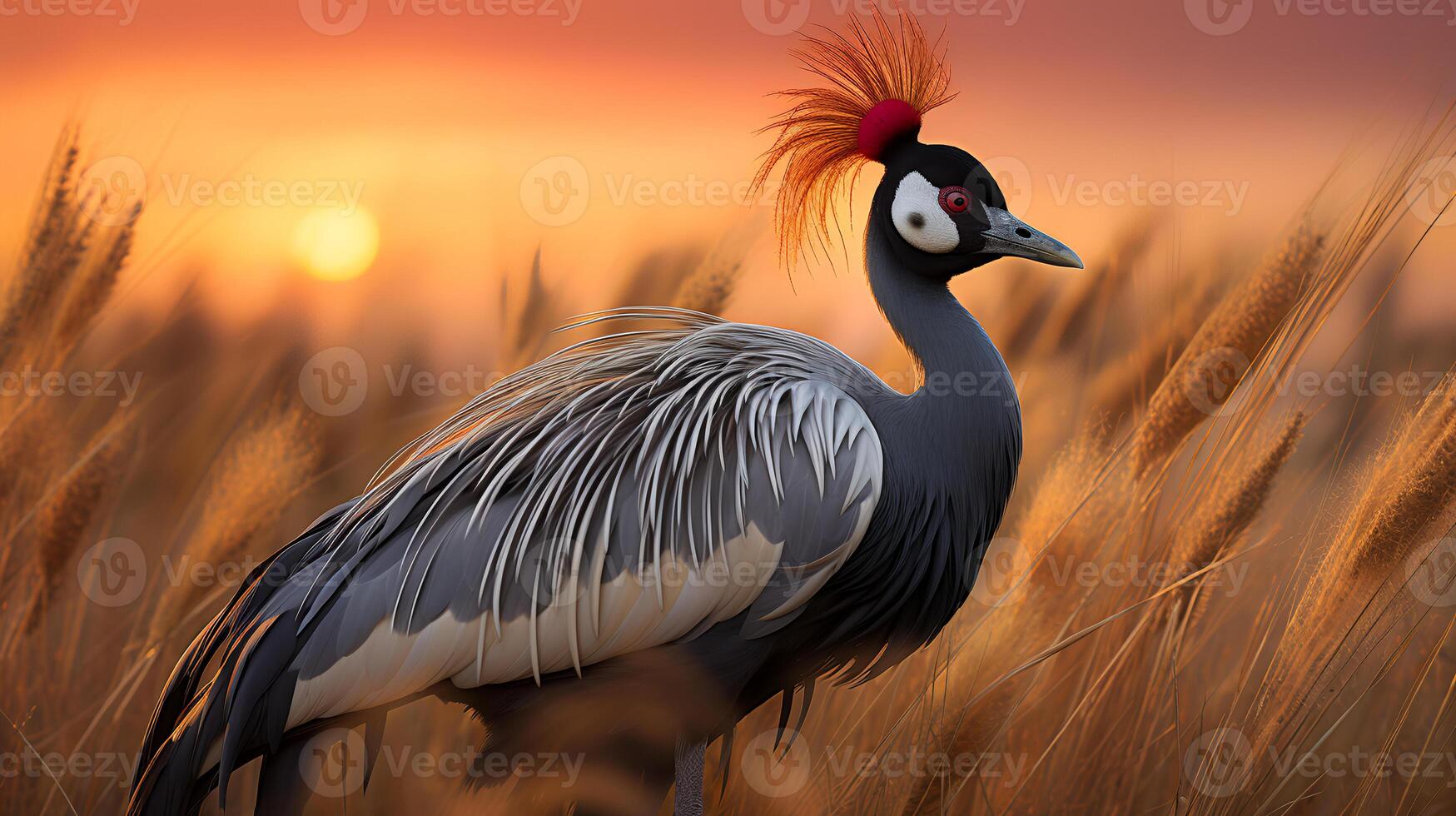 Photo of Grey Crowned Crane on savanna at sunset. Generative AI